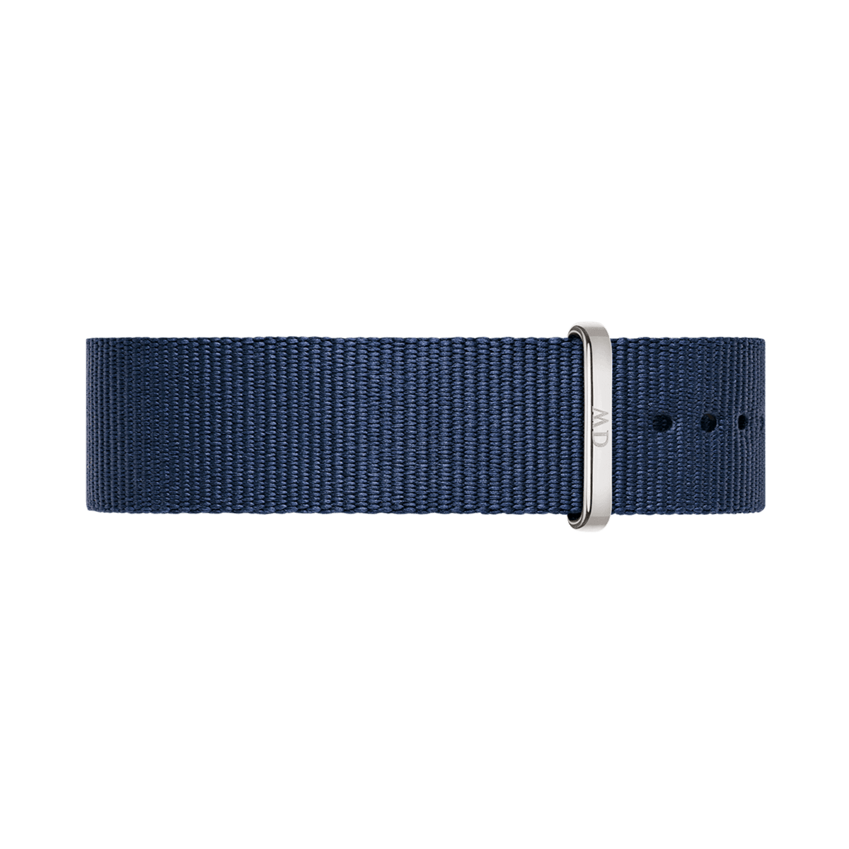 Navy blue NATO style watch strap in durable polyester with a polished silver buckle, featuring multiple adjustment holes for a comfortable and versatile fit.