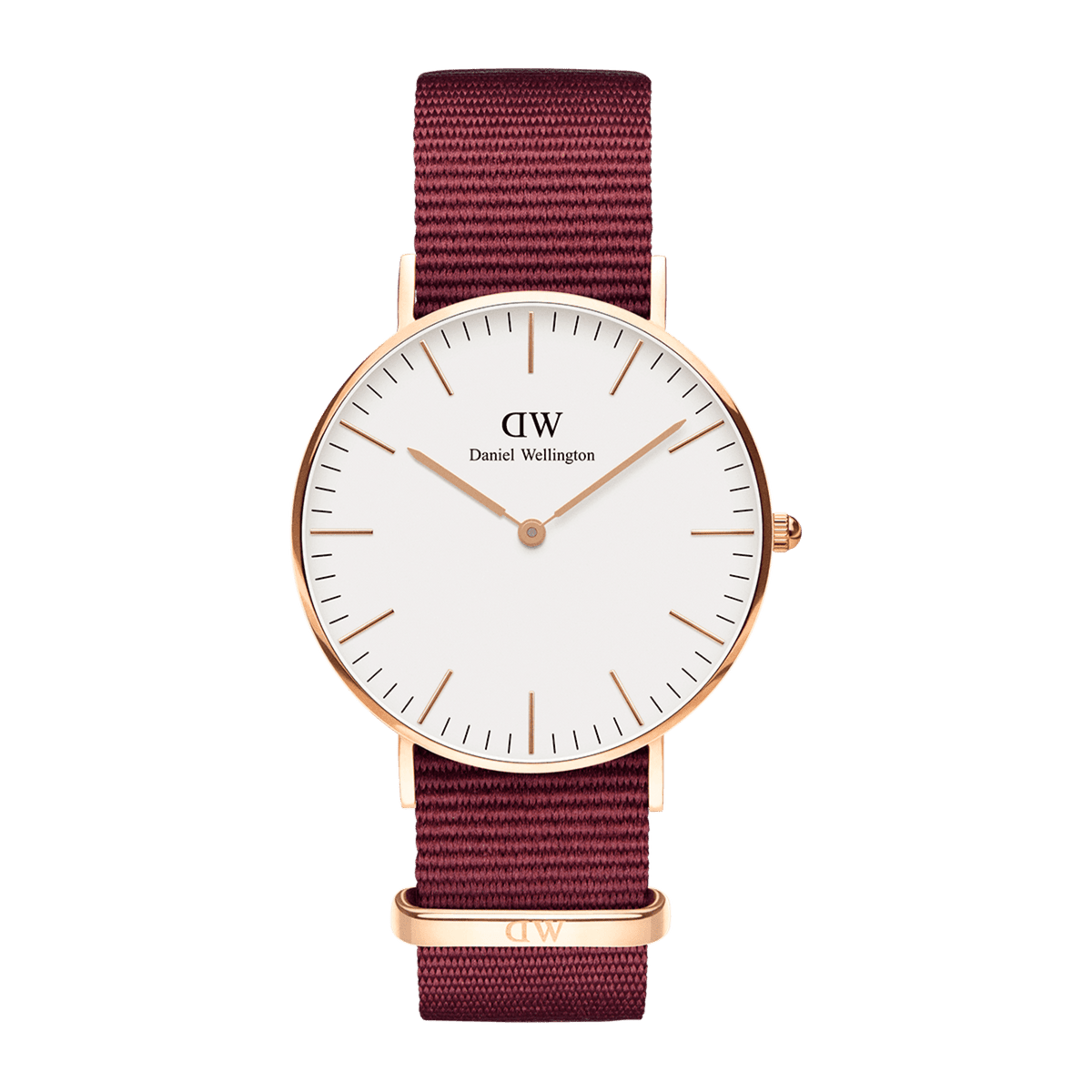 Classic Roselyn Rose Gold watch with a slim rose gold case, minimalist white dial, and a deep ruby red NATO strap, showcasing a refined and versatile design for women.