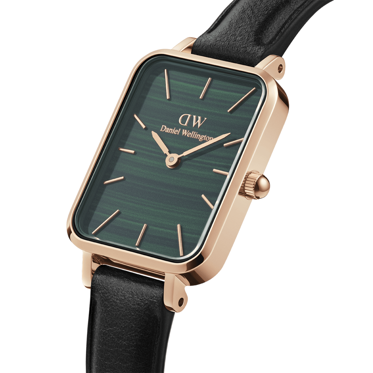 Quadro Pressed Sheffield Green Rose Gold displays a rectangular rose gold case with a rich green dial and minimalist markers, paired with a black leather strap for a sophisticated and modern look.