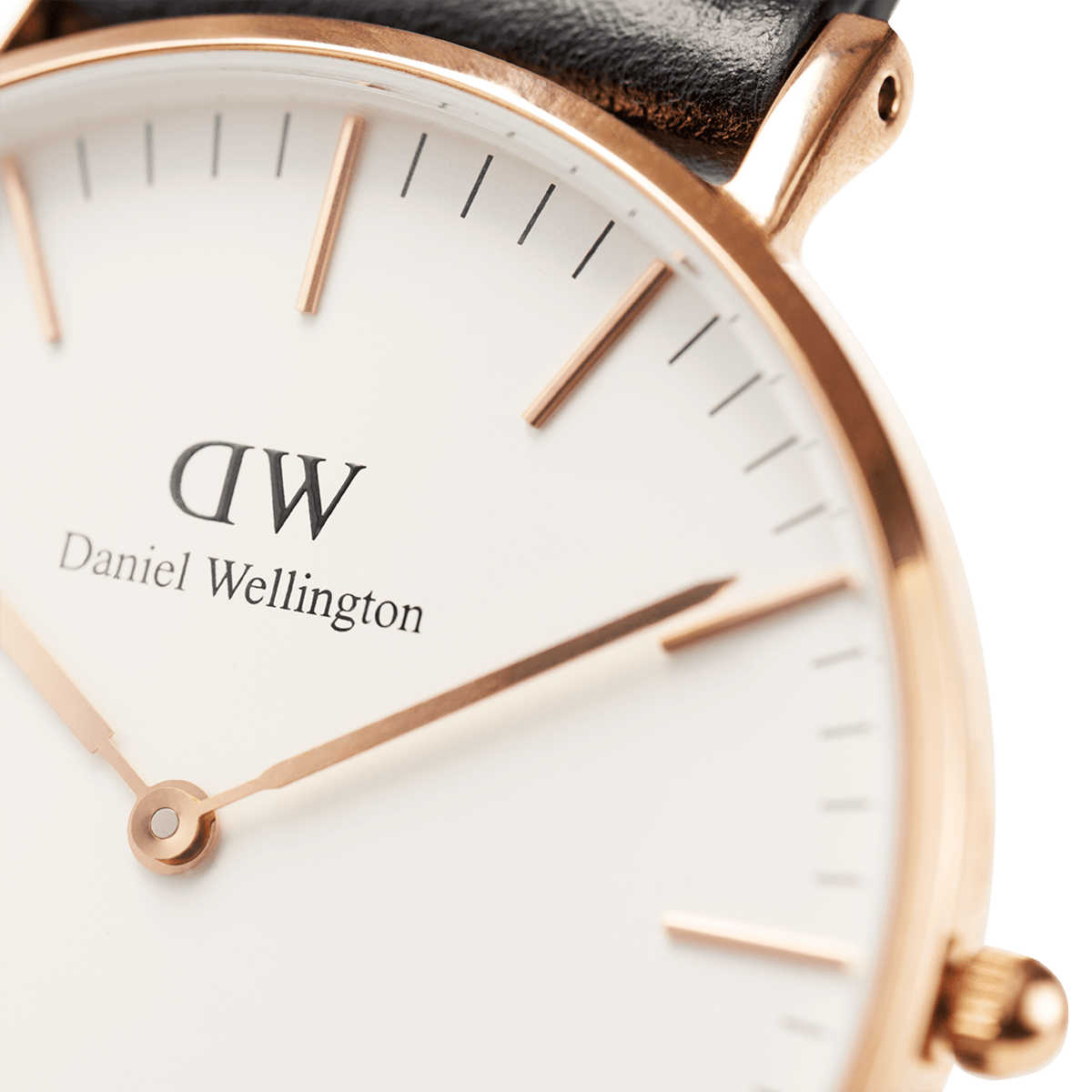 Detail of the Classic Winchester Rose Gold watch highlighting the eggshell white dial, slim rose gold hands and markers, and a polished rose gold case paired with a black leather strap.