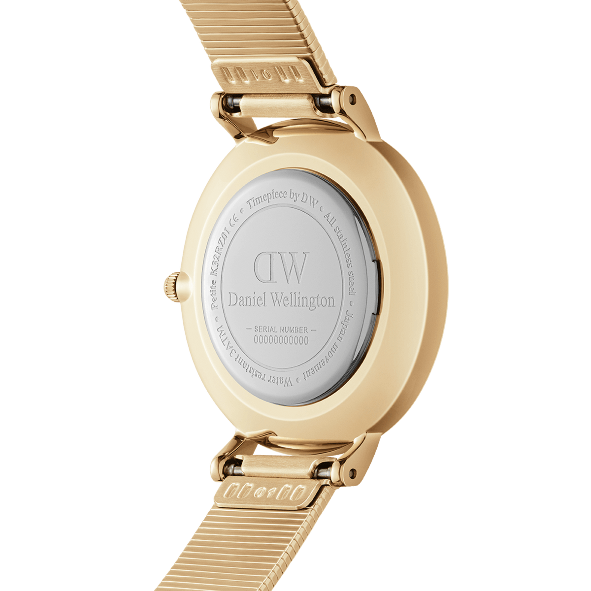Back view of the Petite Lumine Pressed Piano White MoP Gold watch, showing the engraved stainless steel case and gold pressed Studio Strap with adjustable links.