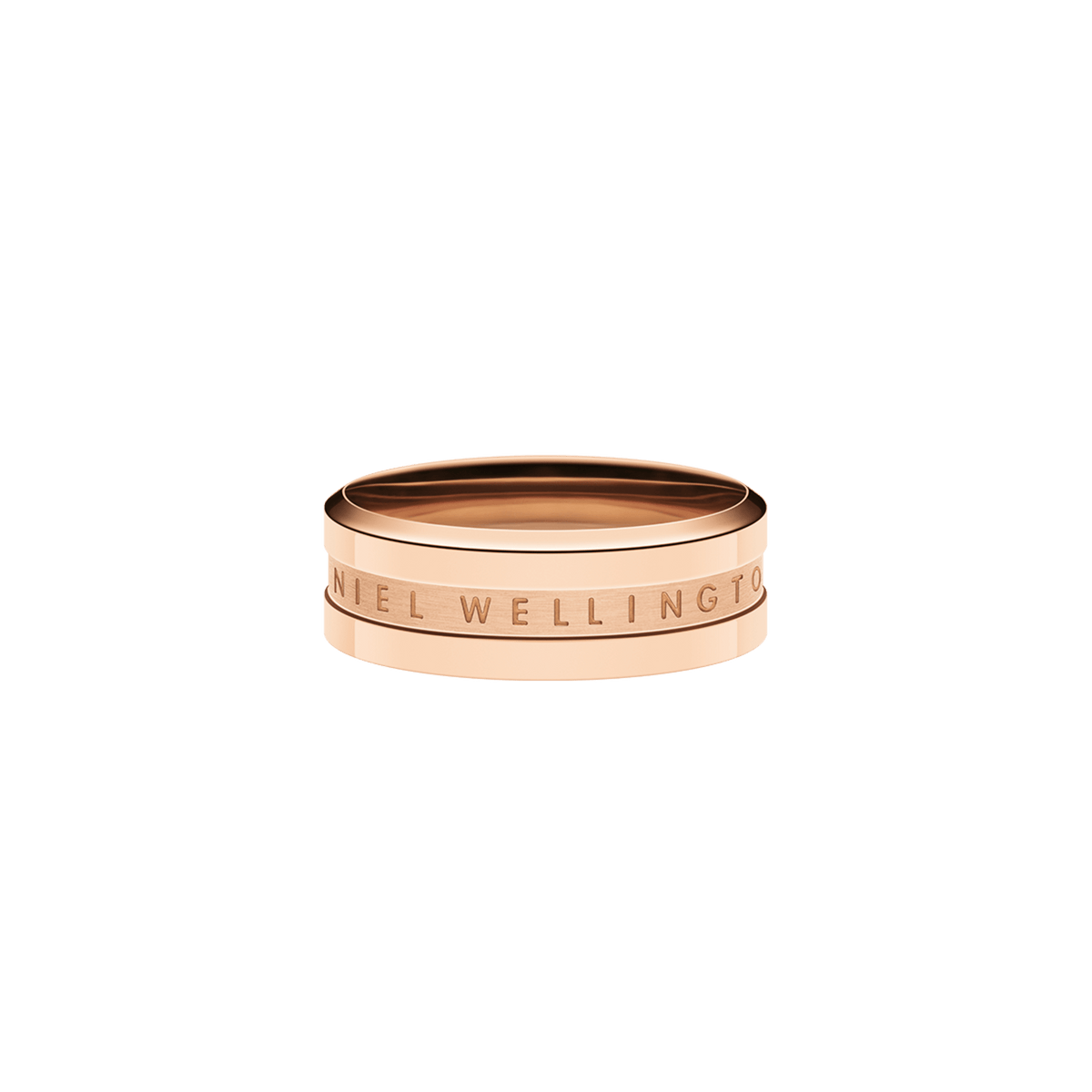 Minimalist rose gold ring with a slim band and engraved Daniel Wellington logo, featuring a polished finish and modern, unisex design.