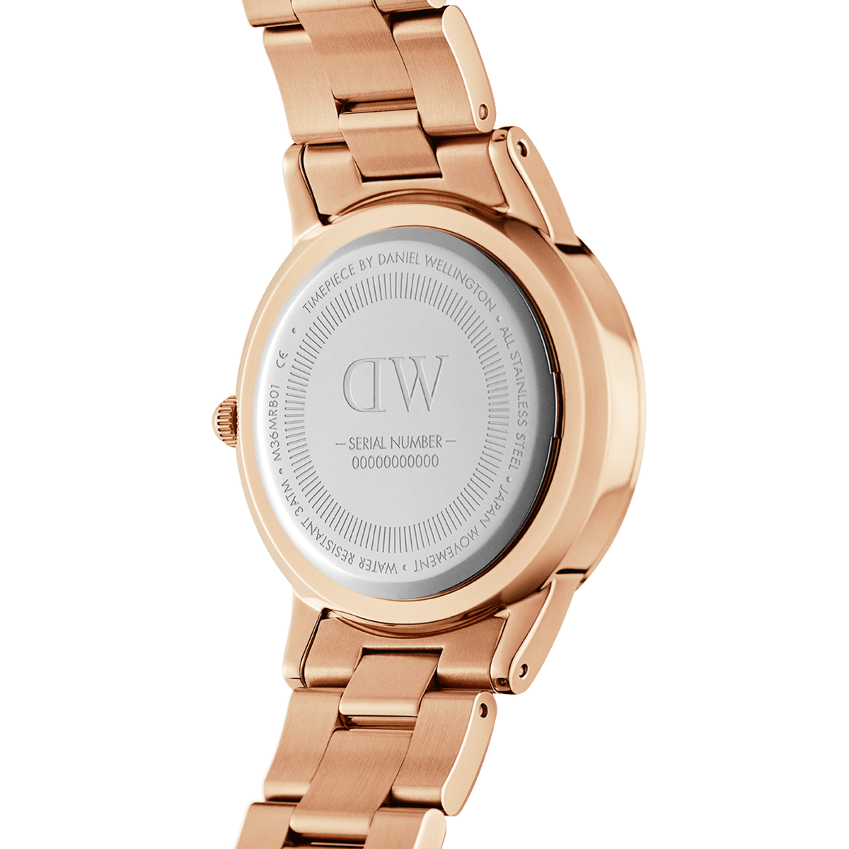 Back view of the Iconic Link Unitone RG rose gold ladies watch, showing the stainless steel case back, engraved details, and polished rose gold link bracelet.