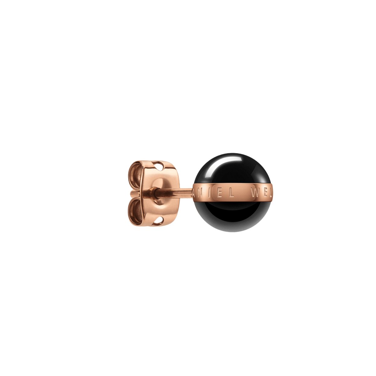 Single Aspiration Earring Rose Gold Black shown from the side, featuring a polished black ceramic sphere with a rose gold plated band and secure butterfly fastening.