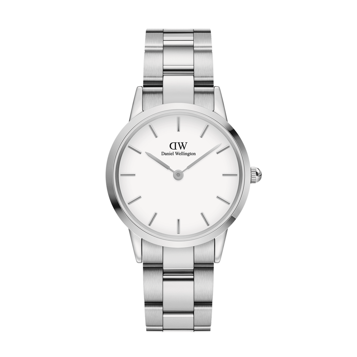 Iconic Link Silver watch by Daniel Wellington featuring a stainless steel three-piece link bracelet, minimalist eggshell white dial, and a classic round case with a polished silver finish.