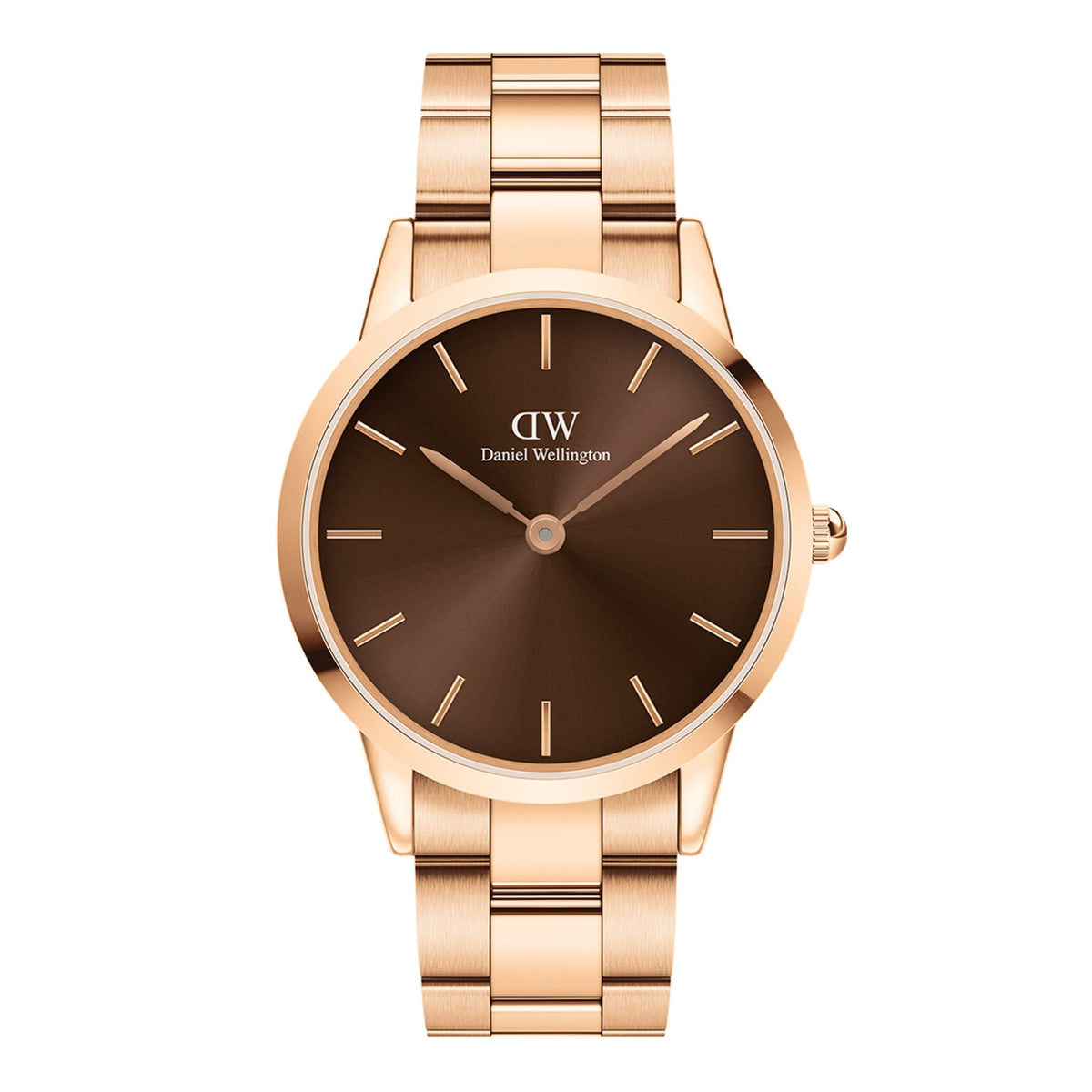 Daniel Wellington Iconic Link Amber watch with a rose gold stainless steel bracelet and a sunray brown dial, featuring minimalist hour markers and a modern, elegant design.