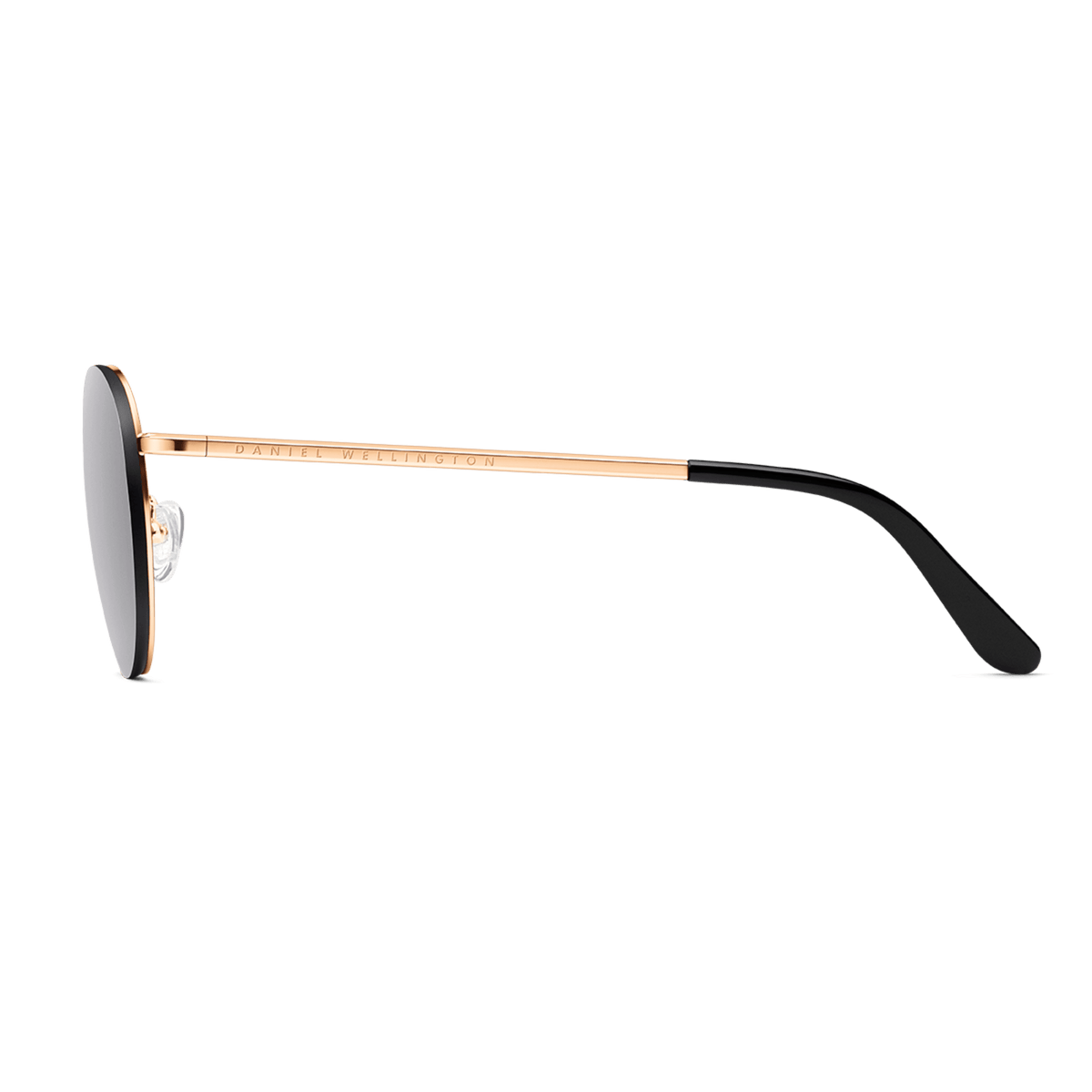 Arch Steel Black sunglasses with a slim rose gold plated stainless steel arm, black temple tip, and subtle Daniel Wellington branding, shown from the side to highlight the minimalist design.