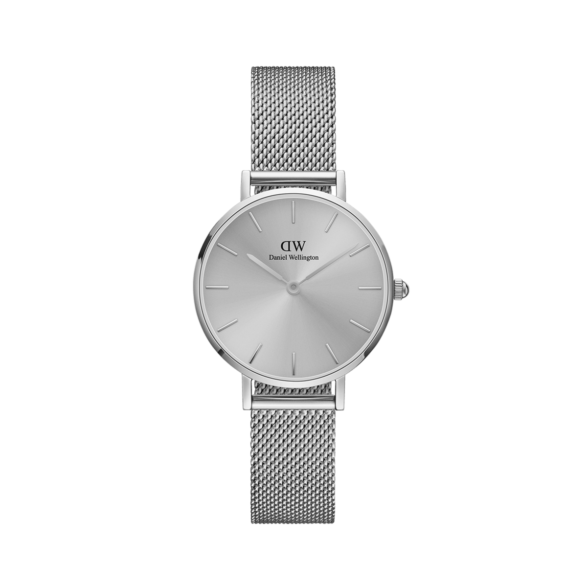 Petite Unitone Silver watch featuring a minimalist round dial and a polished stainless steel mesh strap, finished in tone-on-tone silver for a refined and versatile look suitable for everyday wear.