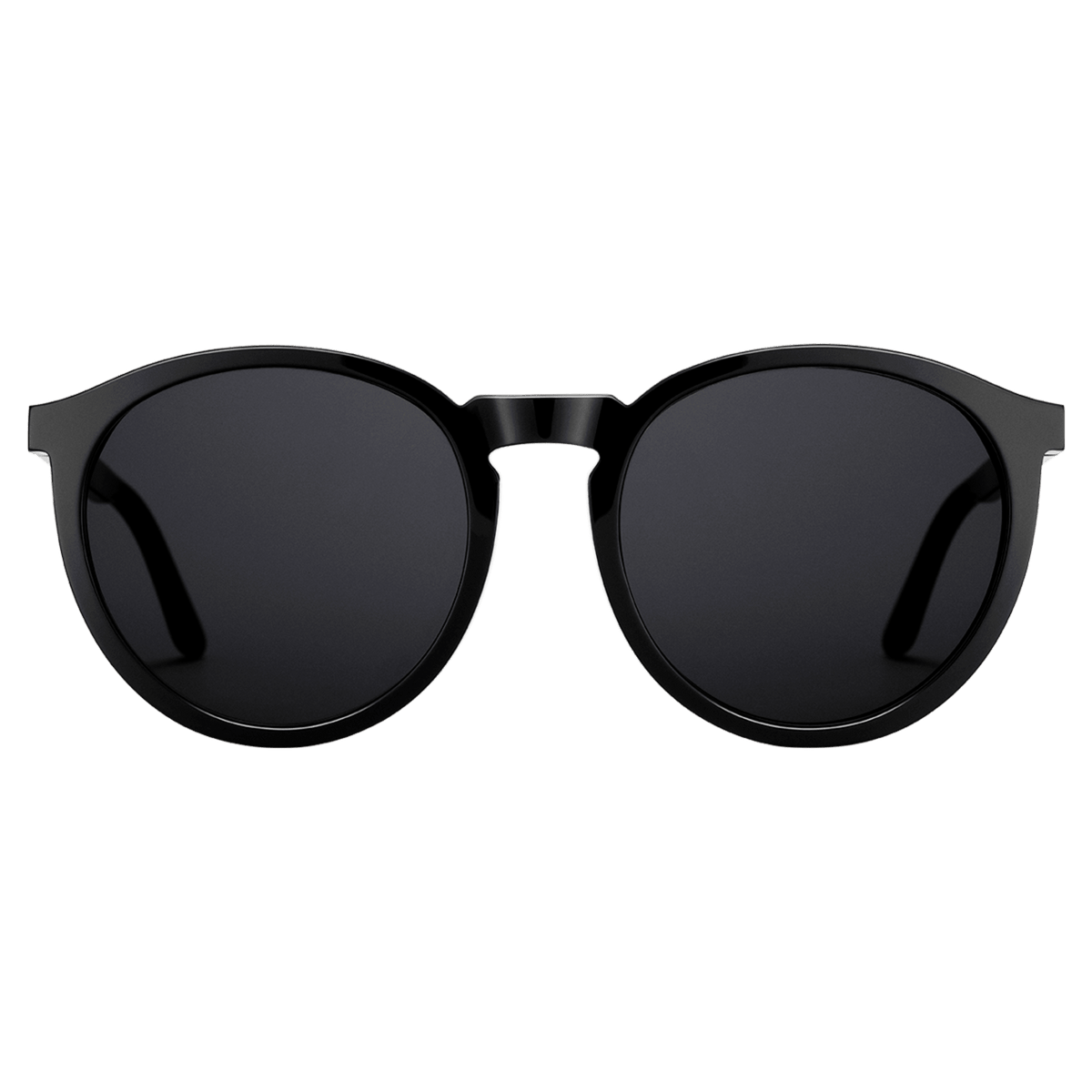 Arch Bio-Acetate Black sunglasses with a minimalist round frame and deep black lenses, featuring lightweight bio-acetate construction and subtle Daniel Wellington branding on the temples.