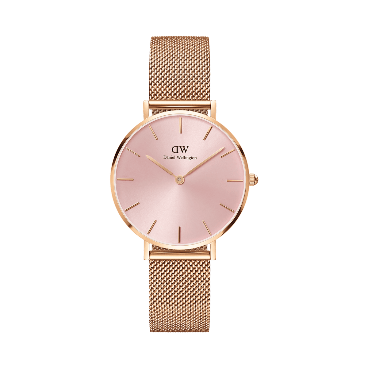 Rose gold Daniel Wellington Petite Melrose Light Pink watch with a soft pink dial, minimalist markers, and a fine mesh strap, designed for a comfortable fit and elegant everyday style.