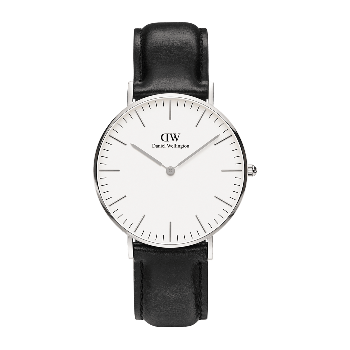 Classic Sheffield Silver watch with a stainless steel case, minimalist eggshell white dial, slim silver hands, and a smooth black leather strap, shown on a plain background.