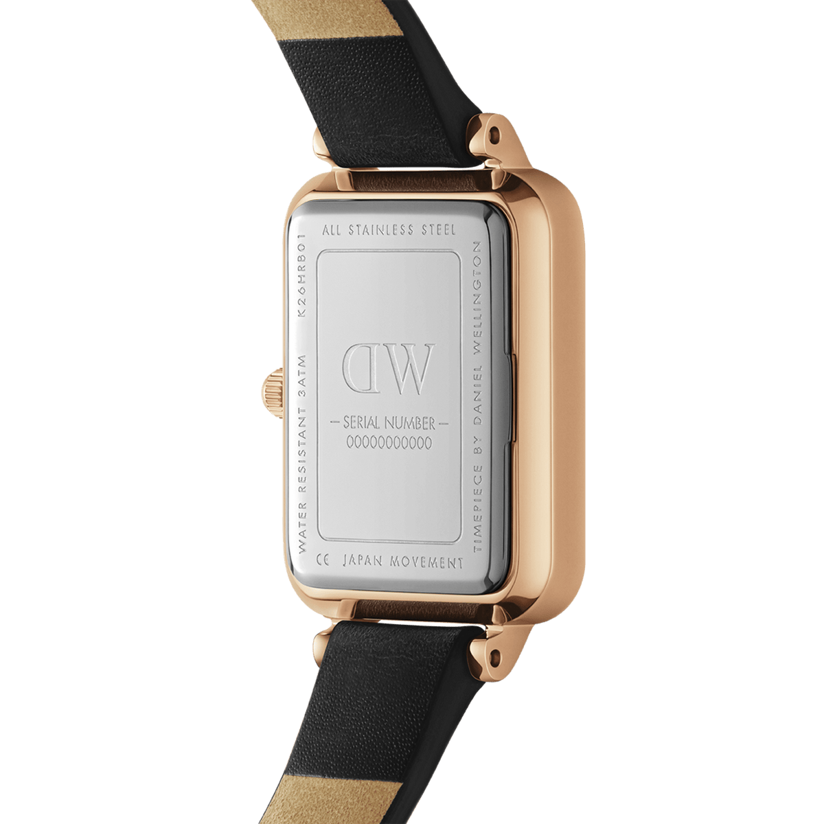 Back view of the Quadro Pressed Sheffield Emerald Rose Gold watch showing the stainless steel case, rose gold finish, engraved details, and the underside of the black leather strap.