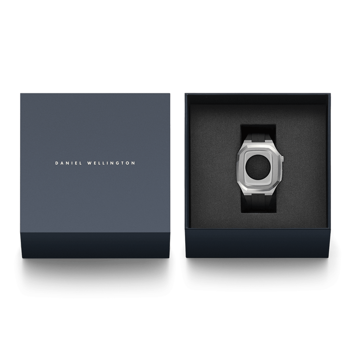 Switch Silver Apple Watch case with black rubber strap presented in a premium navy gift box, highlighting its brushed stainless steel octagonal design and elegant packaging for 40mm Apple Watch models.