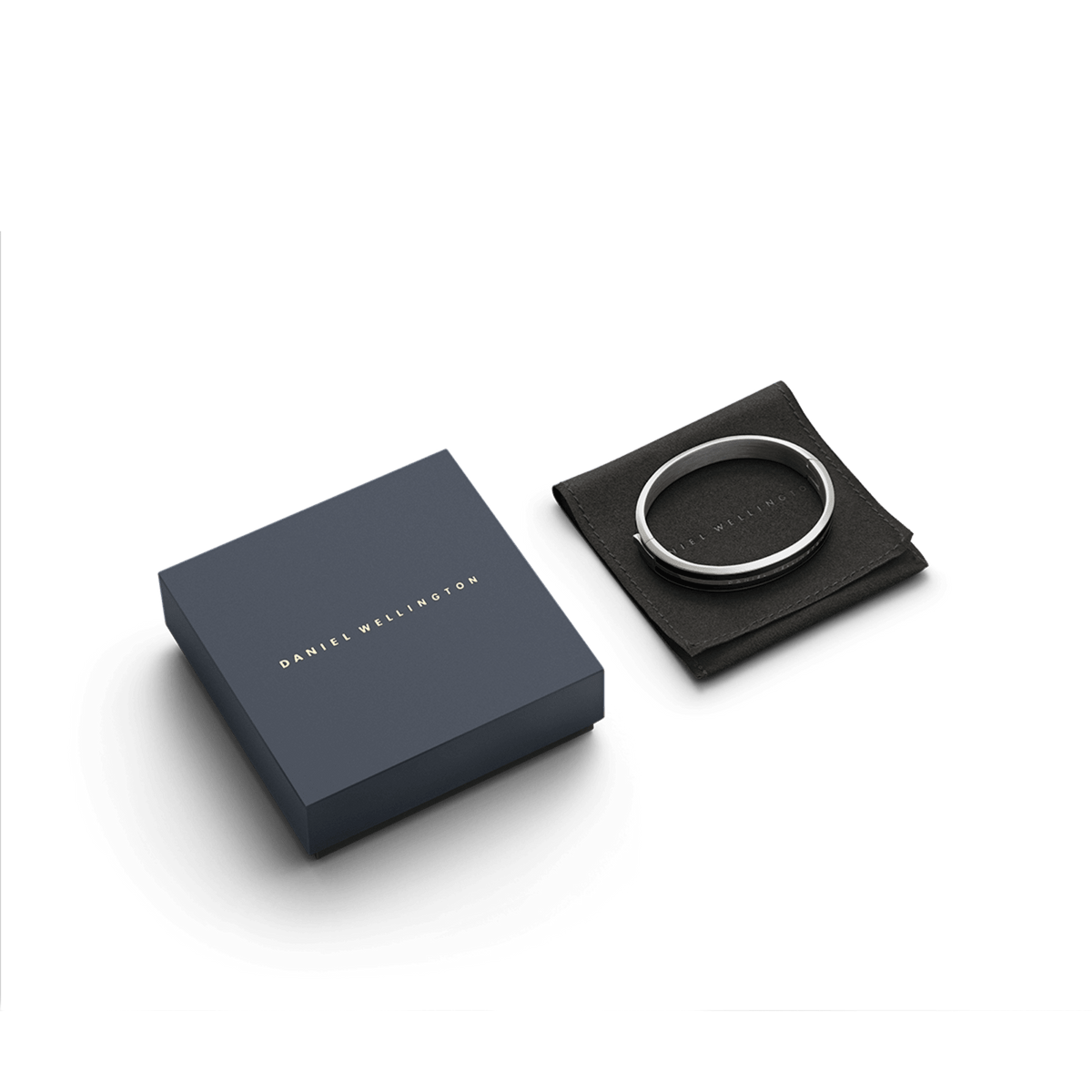 Emalie Infinite Silver Black bracelet displayed on a black pouch next to its elegant Daniel Wellington gift box, highlighting its classic silver and black design and premium packaging.