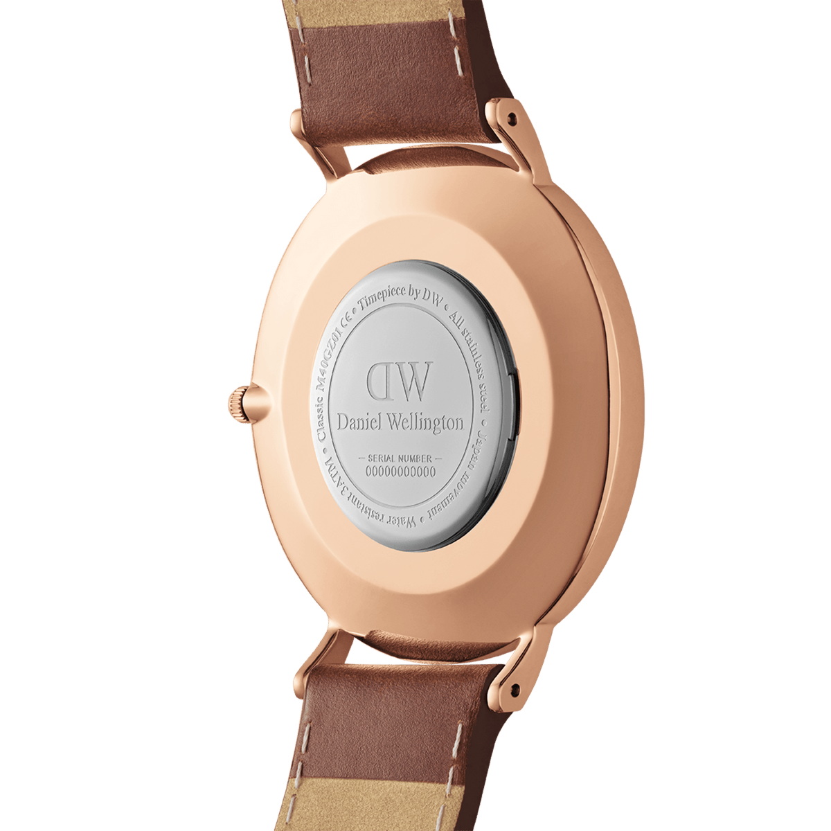 Back view of the Classic St Mawes Amber Rose Gold watch showing the rose gold case, engraved stainless steel back, and brown Italian Nappa leather strap with detailed stitching.