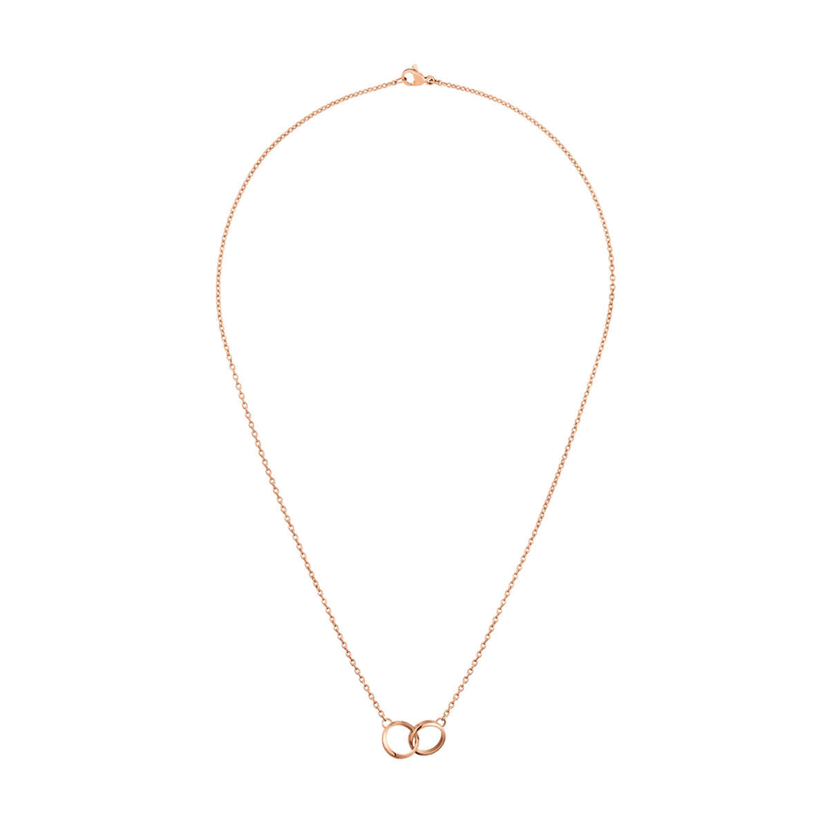 Elan Unity Necklace Rose Gold featuring a fine rose gold chain with two interlocking rings as a fixed pendant, designed for a minimalist and elegant look.