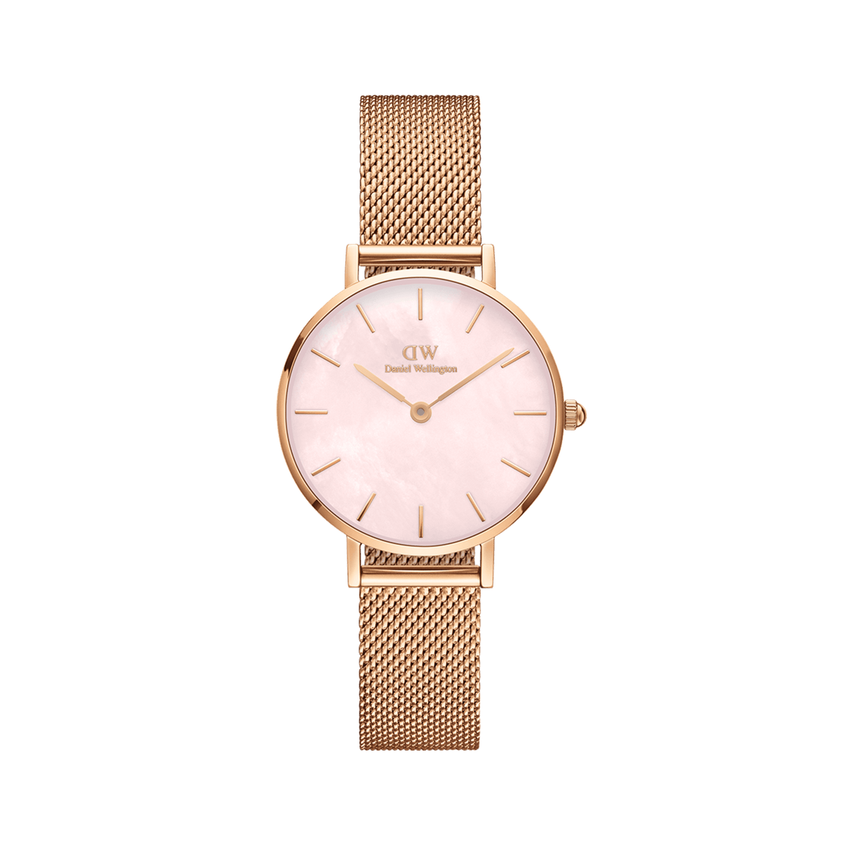 Petite Melrose Pearl ladies watch featuring a rose gold mesh strap and a pink mother of pearl dial, designed for a comfortable fit and elegant everyday style.