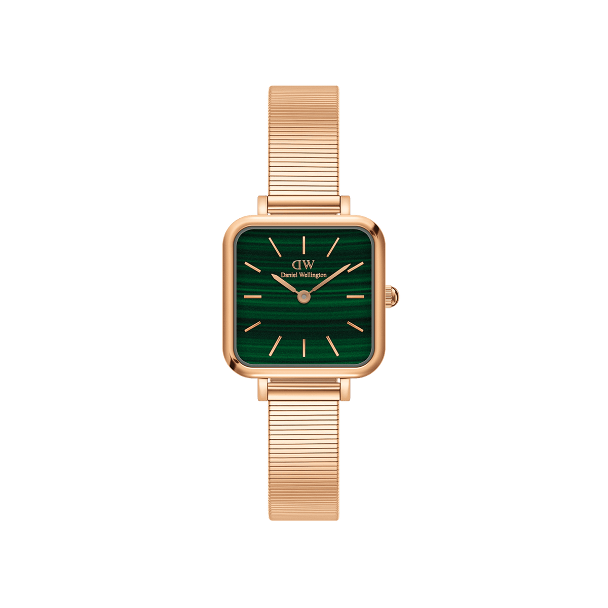 Quadro Studio Green Rose Gold ladies watch with a square rose gold case, deep green dial, minimalist hour markers, and a slim piano link mesh strap.