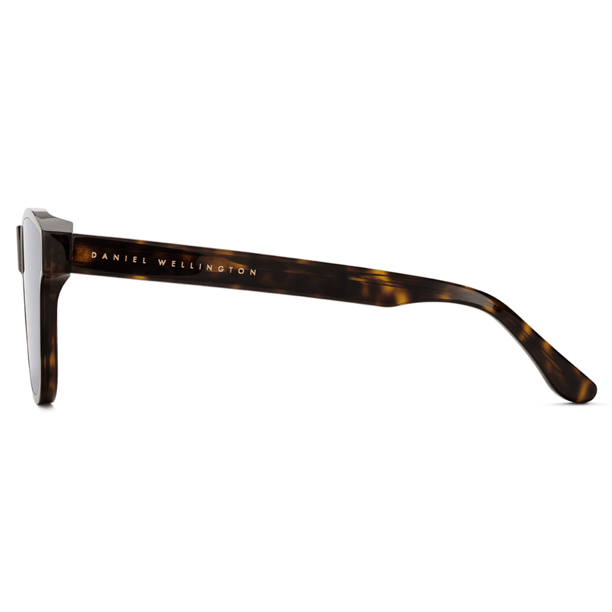 Side view of Ambler Bio-Acetate Dark Havana sunglasses showing the rich brown tortoiseshell frame and Daniel Wellington logo on the arm, highlighting the elegant and sustainable design.