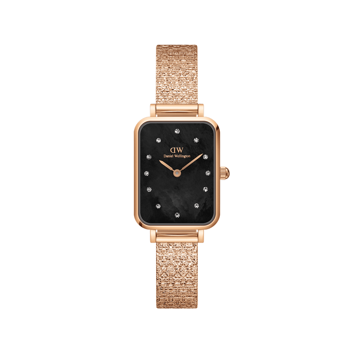 Quadro Lumine Pressed Piano Black MoP Rose Gold ladies watch featuring a rectangular rose gold case, black mother of pearl dial with crystal markers, and a textured piano link bracelet.