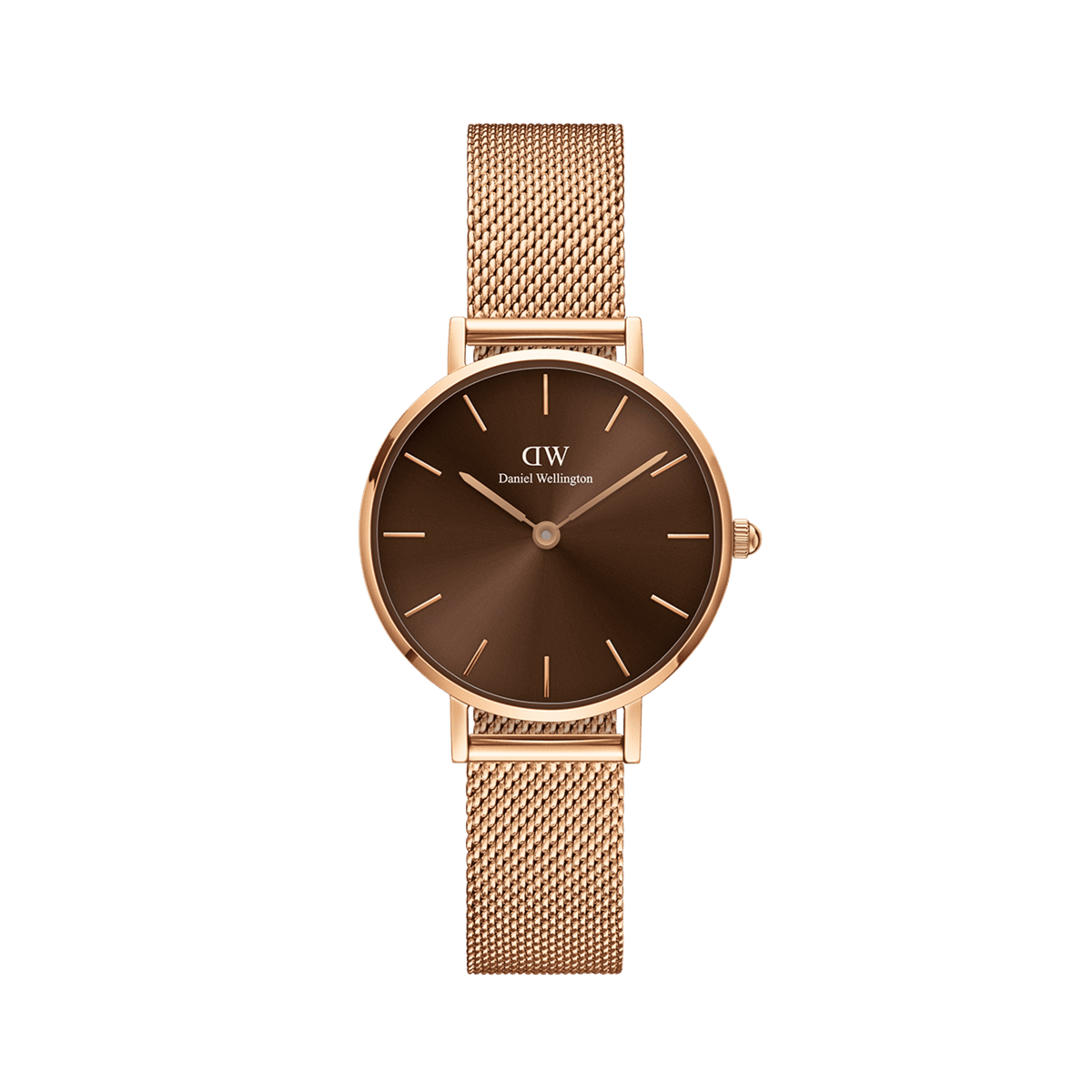 Petite Amber Rose Gold ladies watch featuring a sunray amber brown dial, slim rose gold mesh strap, and minimalist hour markers, designed for a refined and versatile everyday look.