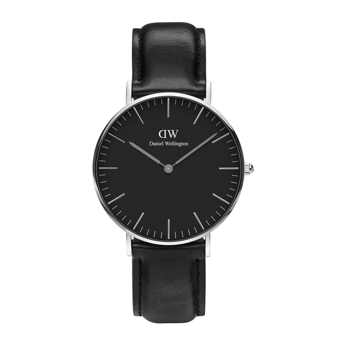 Classic Sheffield Black Silver watch with a minimalist black dial, polished silver case, and genuine black leather strap, featuring slim hour markers and a sleek round design suitable for both men and women.
