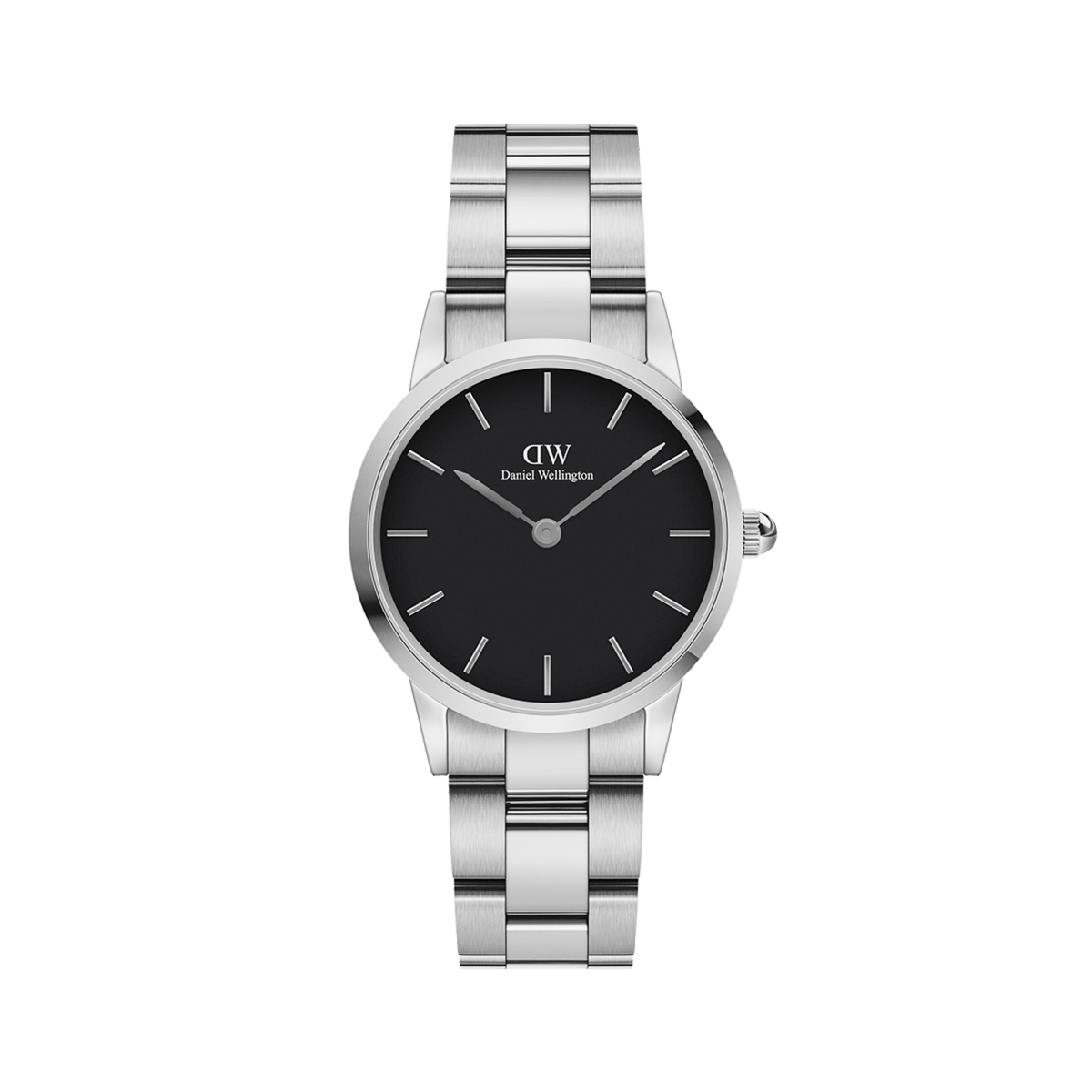 Iconic Link by Daniel Wellington featuring a polished stainless steel link bracelet, understated black dial, and minimalist silver hour markers, suitable for both men and women seeking a versatile everyday watch.