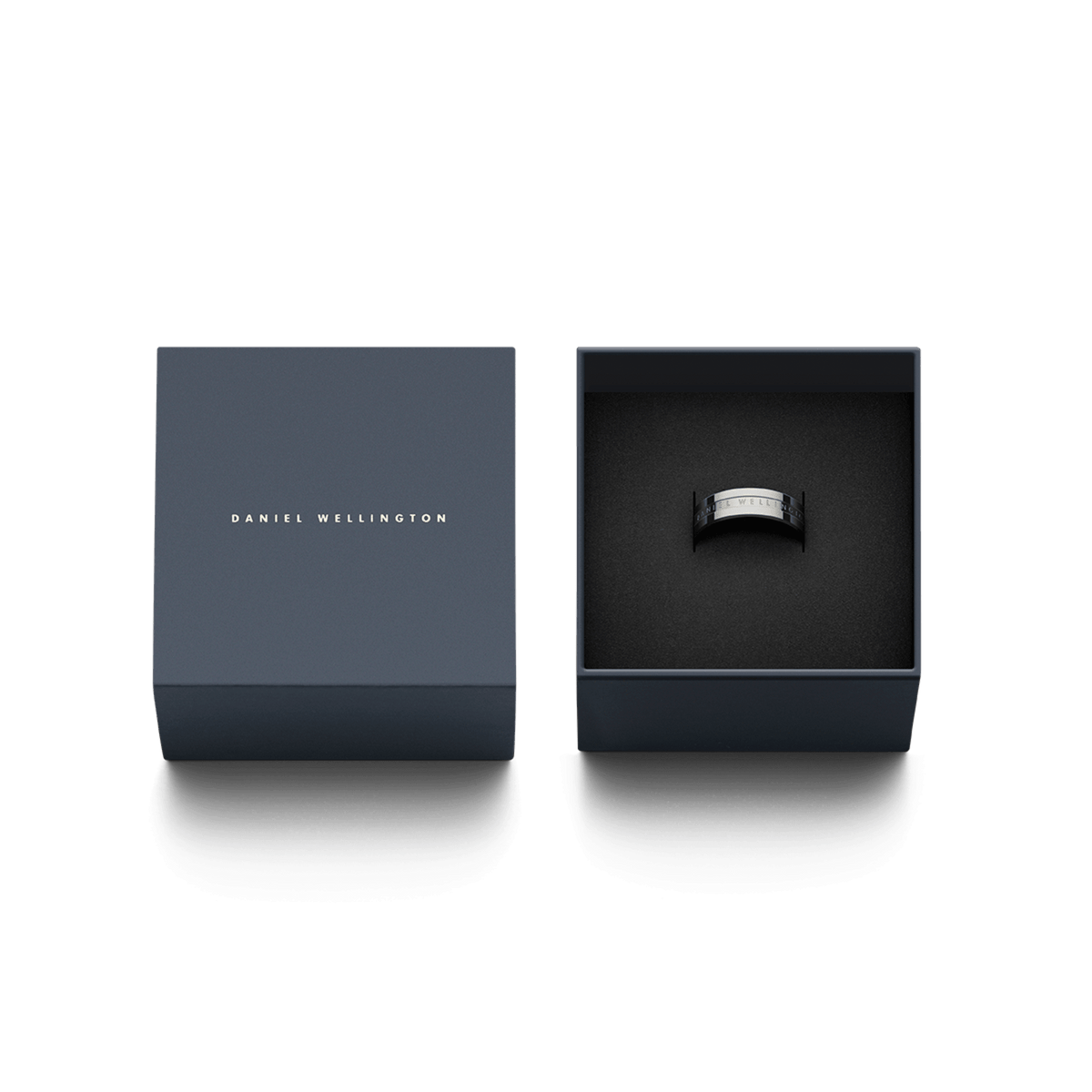 Elan Ring Silver presented in a designer Daniel Wellington box, highlighting its polished stainless steel band and minimalist engraved detail, ideal for gifting or adding to a jewellery collection.