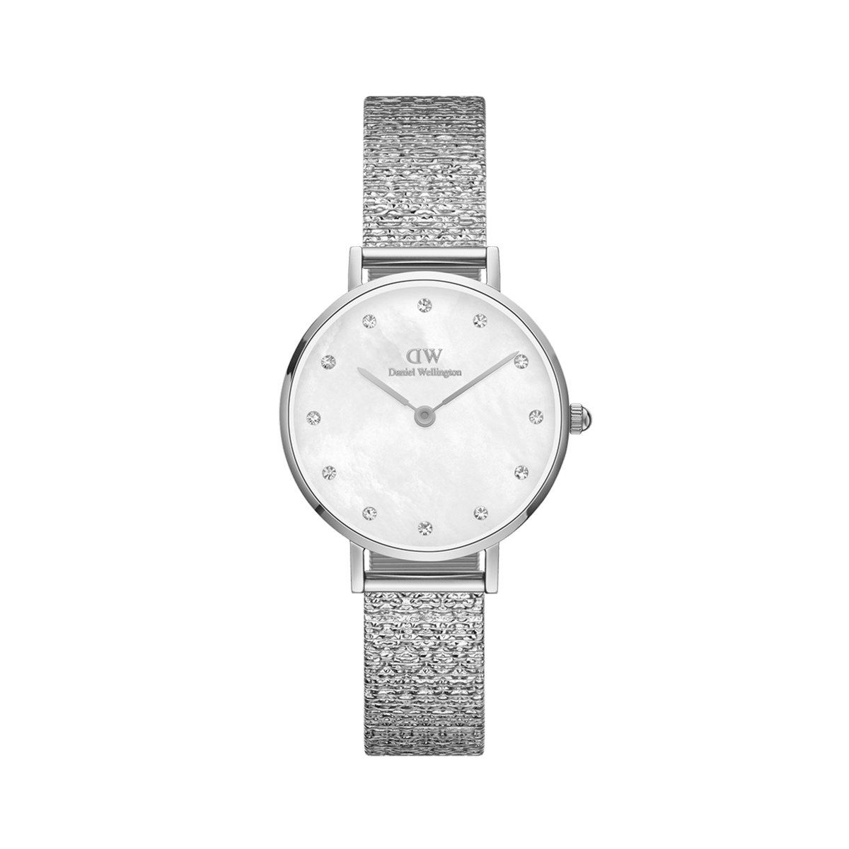 Petite Lumine Pressed Piano White MoP Silver ladies watch with a 28mm stainless steel case, white mother of pearl dial, crystal markers, and a shimmering pressed Studio Strap in silver.