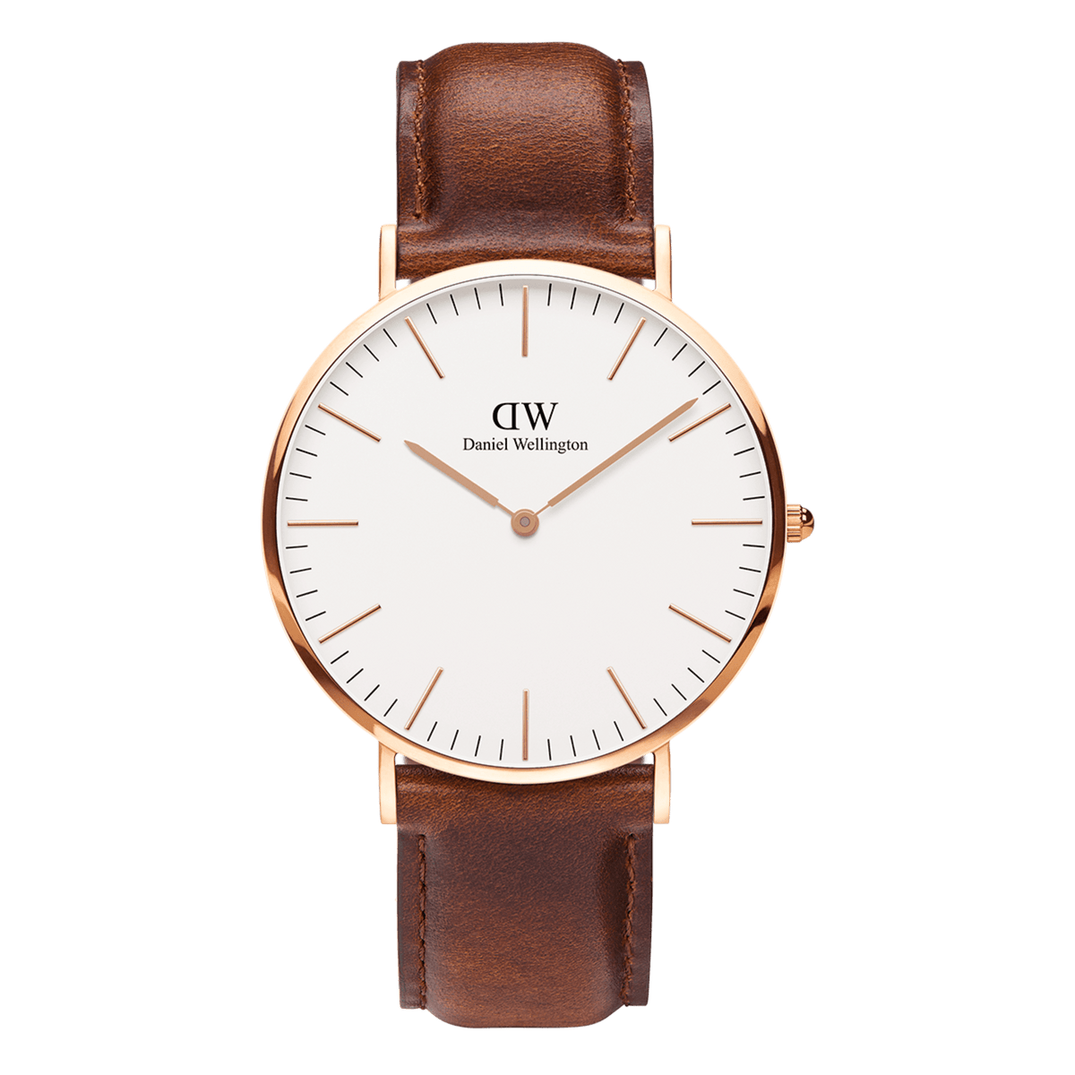 Classic St Mawes Rose Gold watch featuring a slim rose gold case, minimalist eggshell white dial, and a brown genuine leather strap, suitable for both men and women.