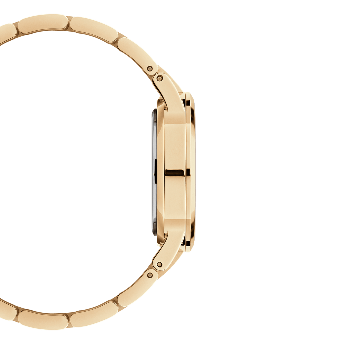 Side profile of the Iconic Link Gold watch, displaying the slim gold case and smooth, curved gold bracelet links for a comfortable and elegant fit.