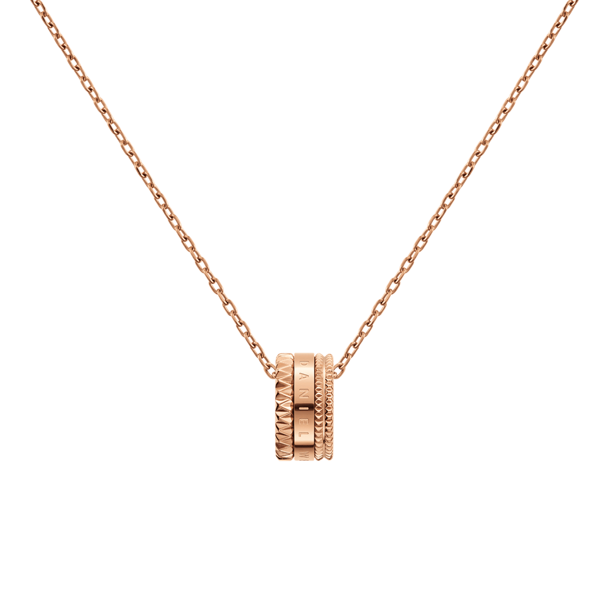 Elevation Necklace in rose gold featuring a sculptural geometric ring pendant with textured detailing, displayed on a delicate cable chain.