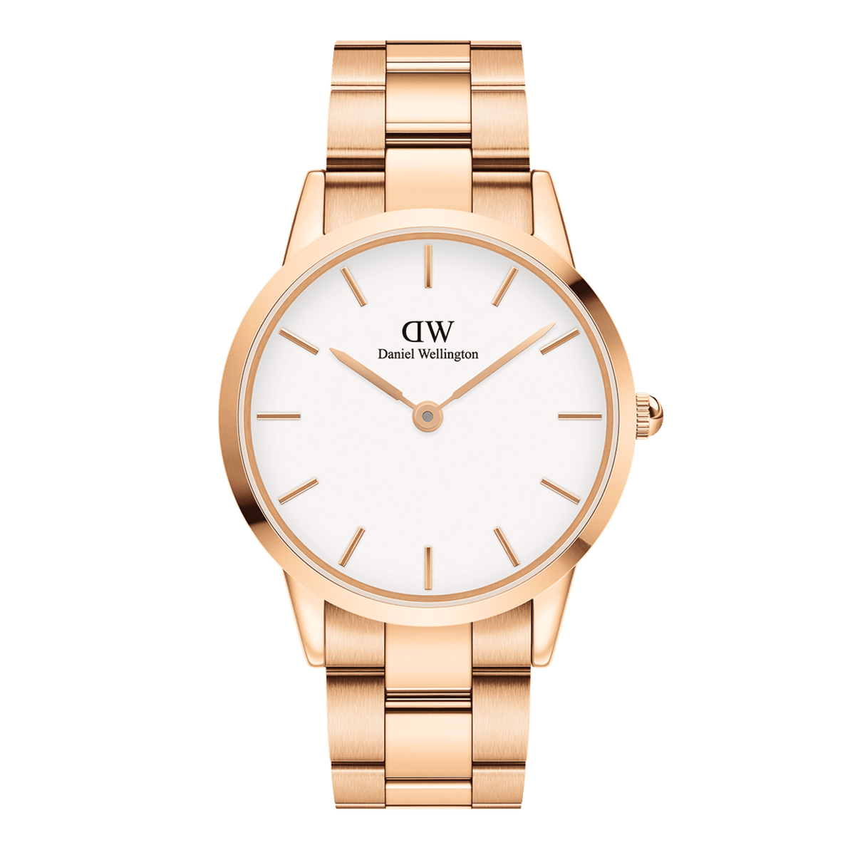 Iconic Link Rose Gold watch with a brushed rose gold stainless steel bracelet, minimalist eggshell white dial, and slim hour markers, designed for both men and women.