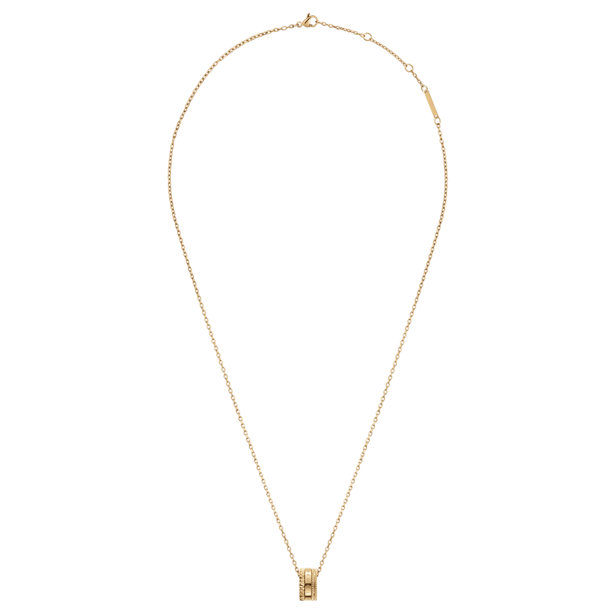 Elevation Necklace Gold with an adjustable fine chain and a geometric ring pendant, featuring textured and polished gold details for a minimalist and versatile jewellery style.