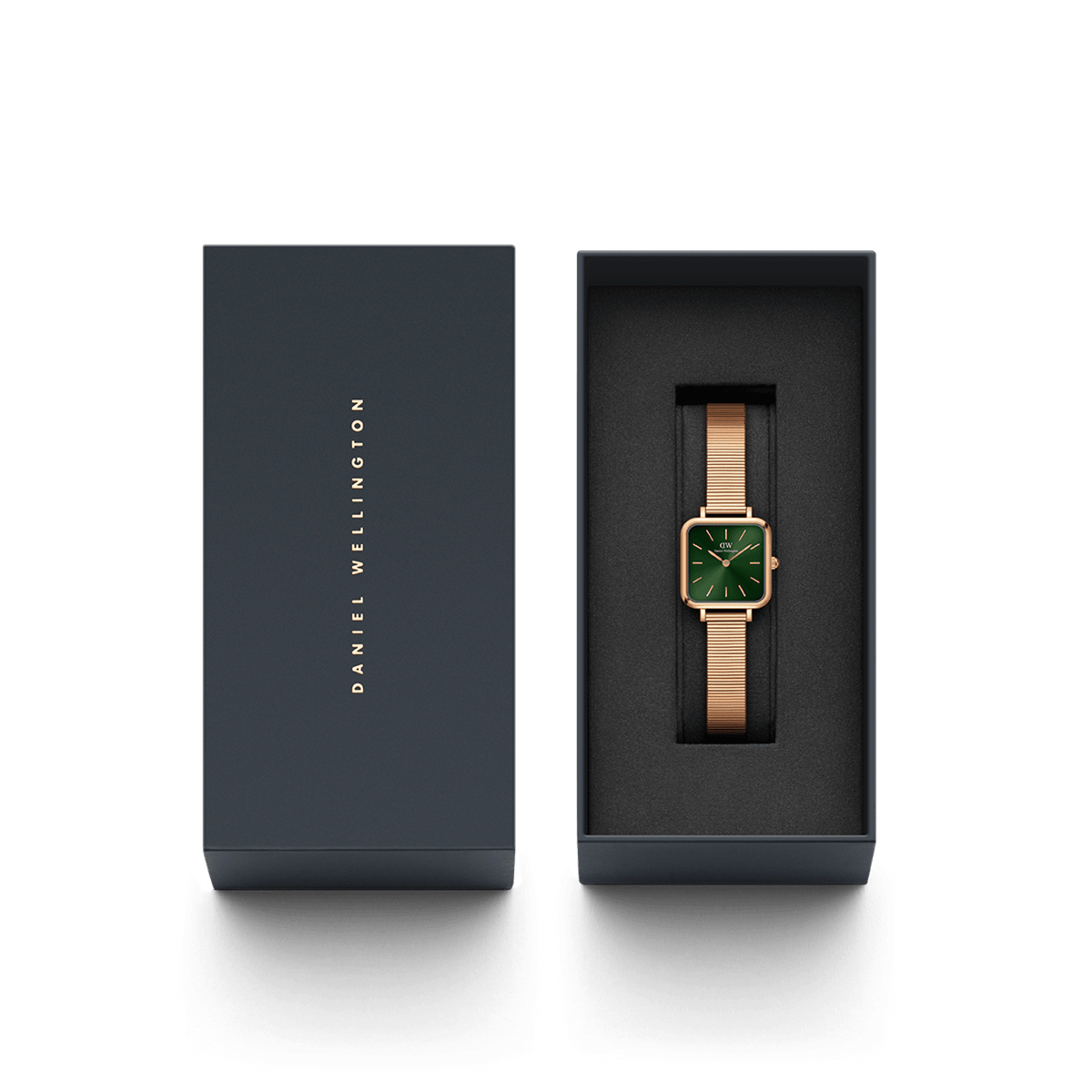 Quadro Studio Green Rose Gold ladies watch presented in a sleek branded gift box, highlighting its square rose gold case, emerald green dial, and piano link mesh strap.