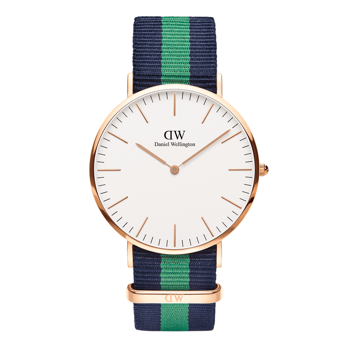 Classic Warwick Rose Gold watch with a slim rose gold case, minimalist eggshell white dial, and a navy and green striped NATO fabric strap. The design combines a refined look with a comfortable, adjustable fit suitable for both men and women.