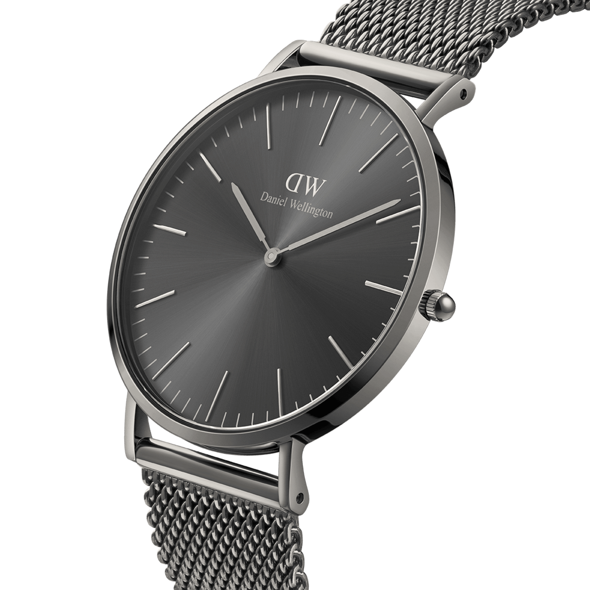 Classic Mesh Graphite watch with a graphite sunray dial, slim silver case, and a graphite grey stainless steel mesh strap, shown from an angled side view to highlight its minimalist design and textured bracelet.