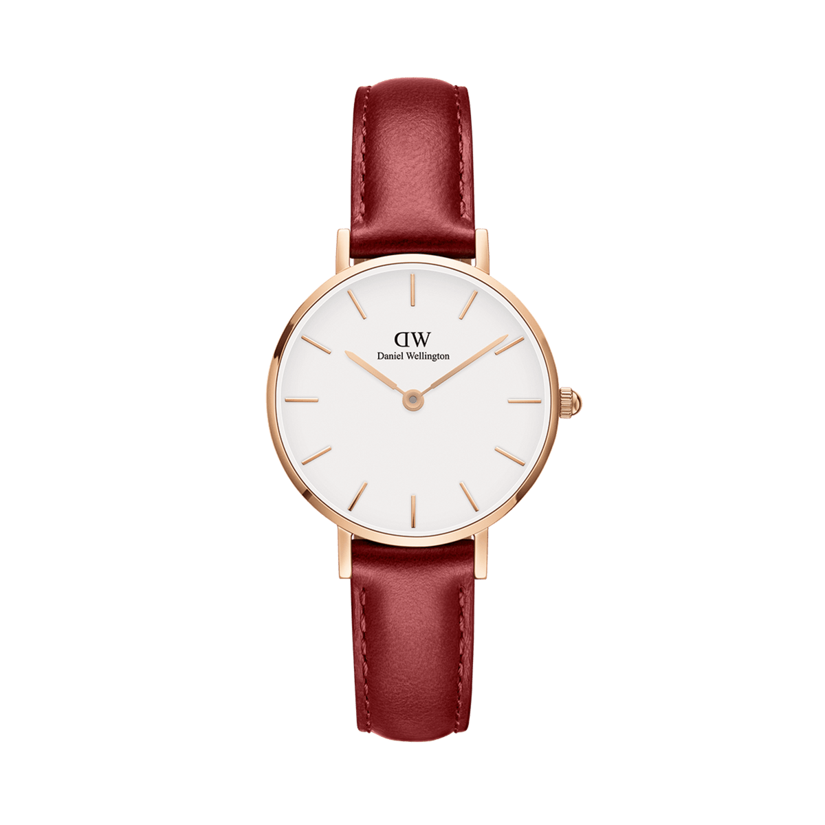 Petite Suffolk Rose Gold ladies watch with a white minimalist dial, rose gold case, and rustic red genuine leather strap, designed for a refined and versatile everyday look.