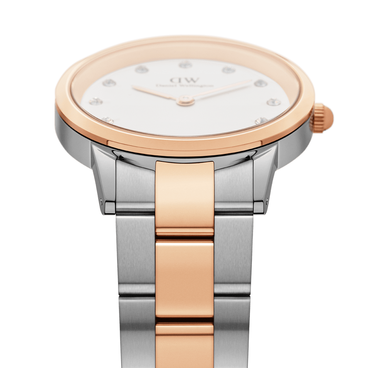 Front view of the Iconic Link Lumine Rose Gold watch, highlighting its slim profile, polished rose gold bezel, and two-tone stainless steel bracelet with rose gold centre links.