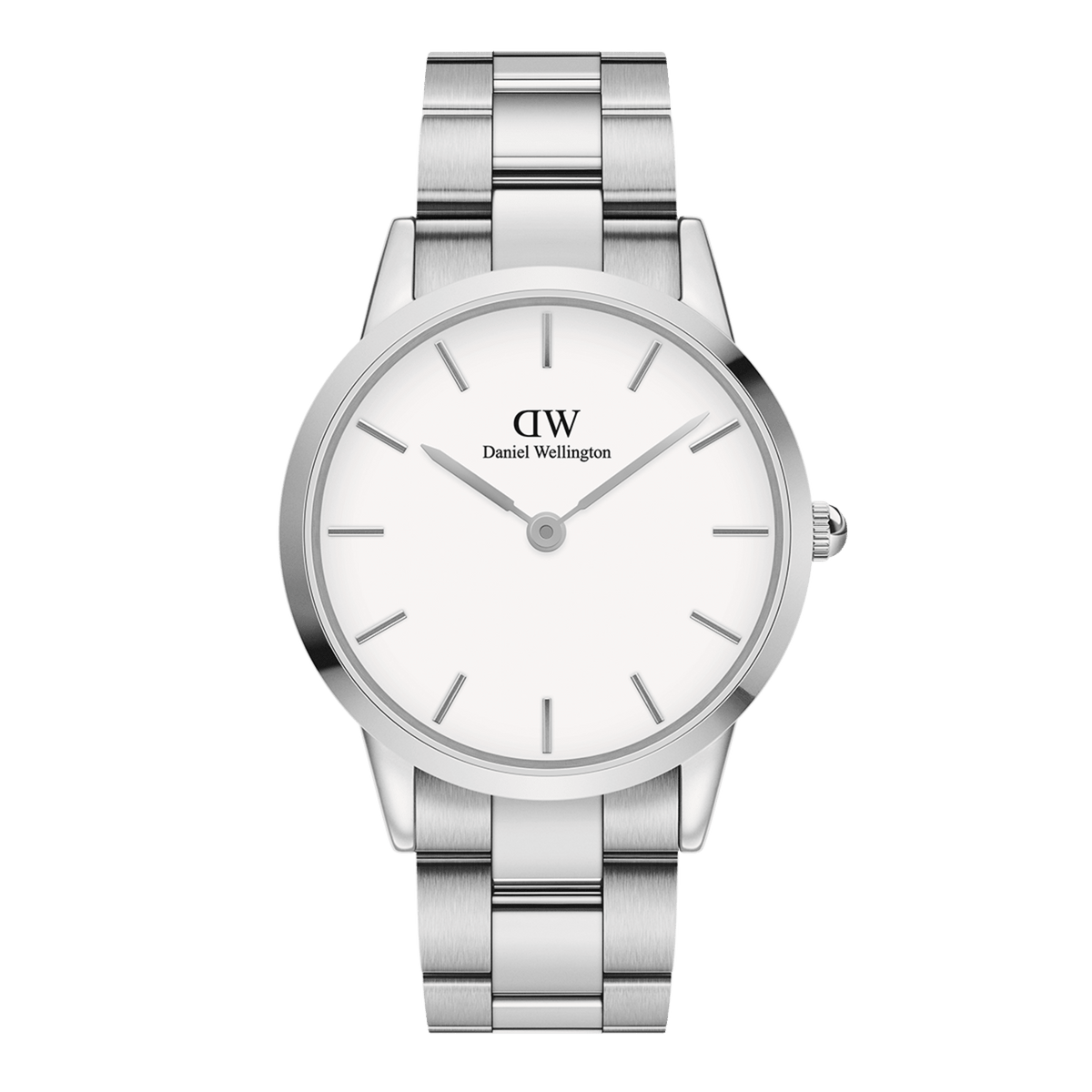Daniel Wellington Iconic Link Silver watch featuring a polished stainless steel bracelet, minimalist eggshell white dial, and classic silver hour markers, suitable for everyday wear.