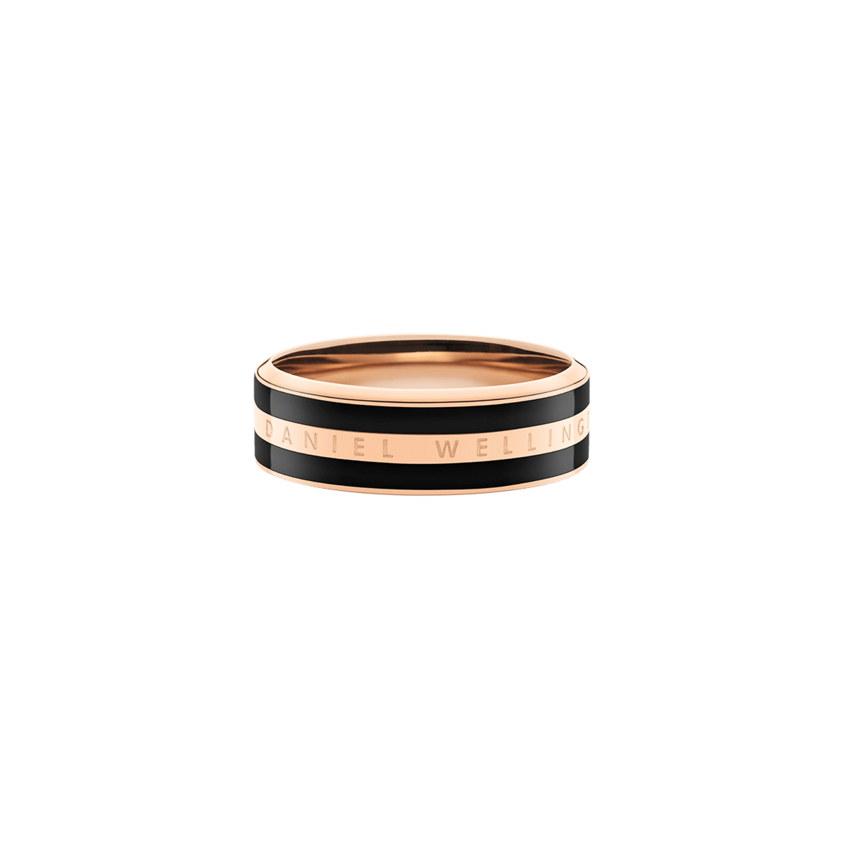Emalie Ring Rose Gold Black shown from the side, highlighting its slim rose gold band, glossy black enamel stripe, and Daniel Wellington engraved detail for a modern minimalist finish.