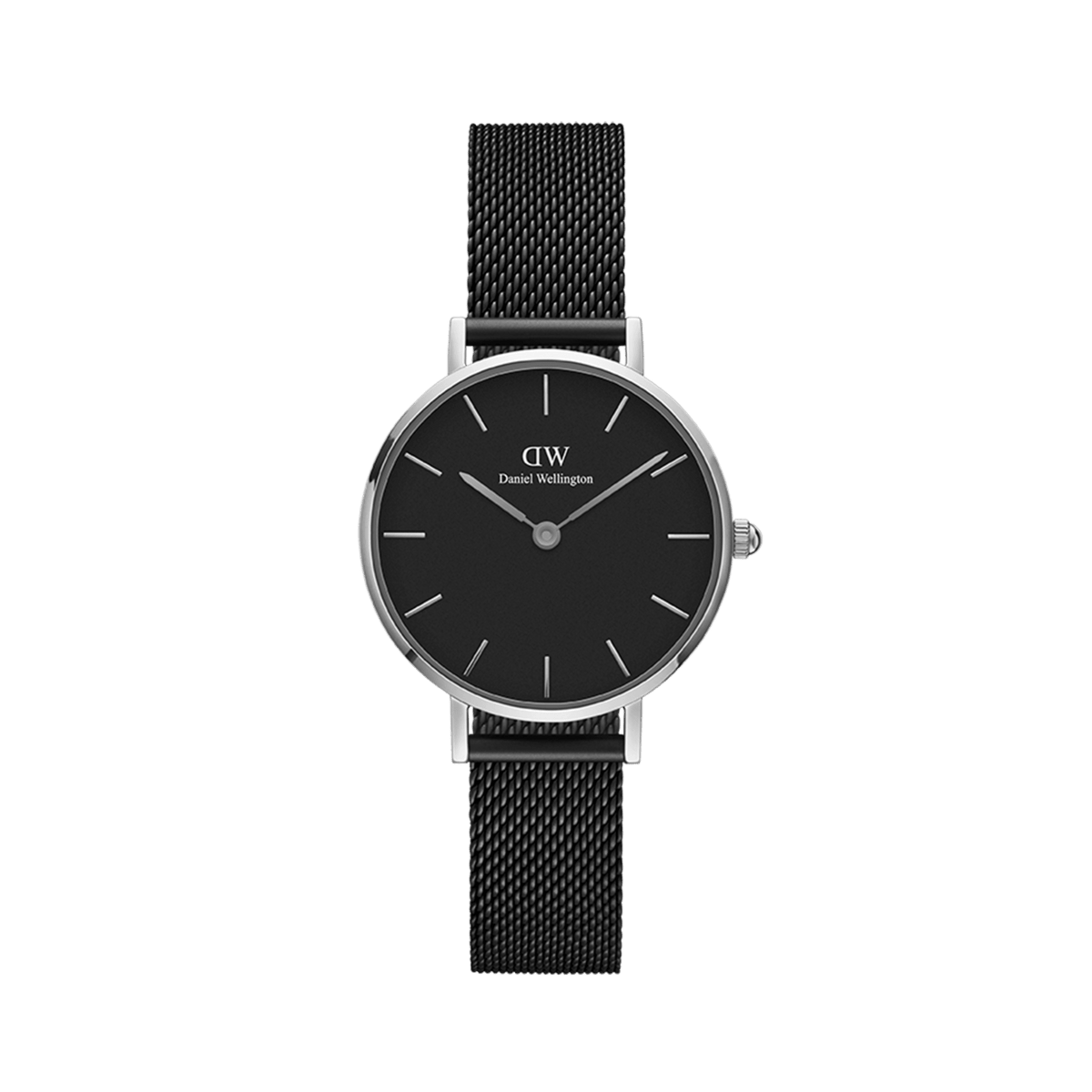 Petite Ashfield Silver showcases a minimalist black dial with slim silver hands and hour markers, paired with an adjustable black stainless steel mesh strap for a sophisticated and comfortable fit.