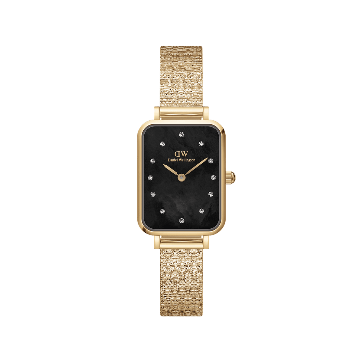 Quadro Lumine Pressed Piano Black MoP Gold ladies watch featuring a rectangular gold case, textured gold piano link bracelet, and a black mother of pearl dial with crystal hour markers.
