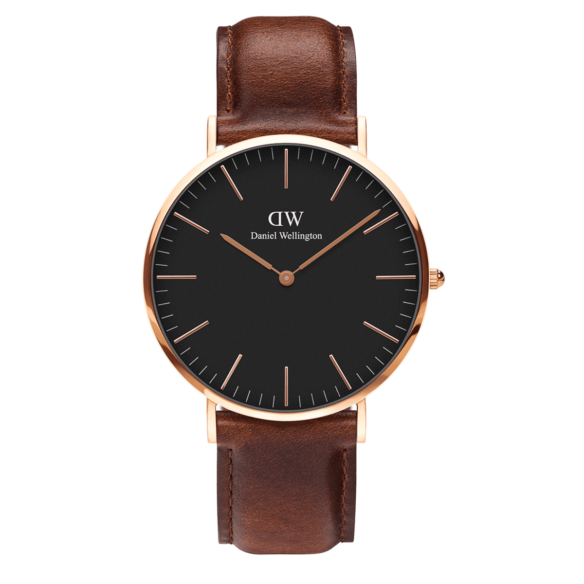 Classic St Mawes Black Rose Gold watch with a black minimalist dial, rose gold case, and brown genuine leather strap, featuring slim rose gold markers and hands for a refined, versatile look.