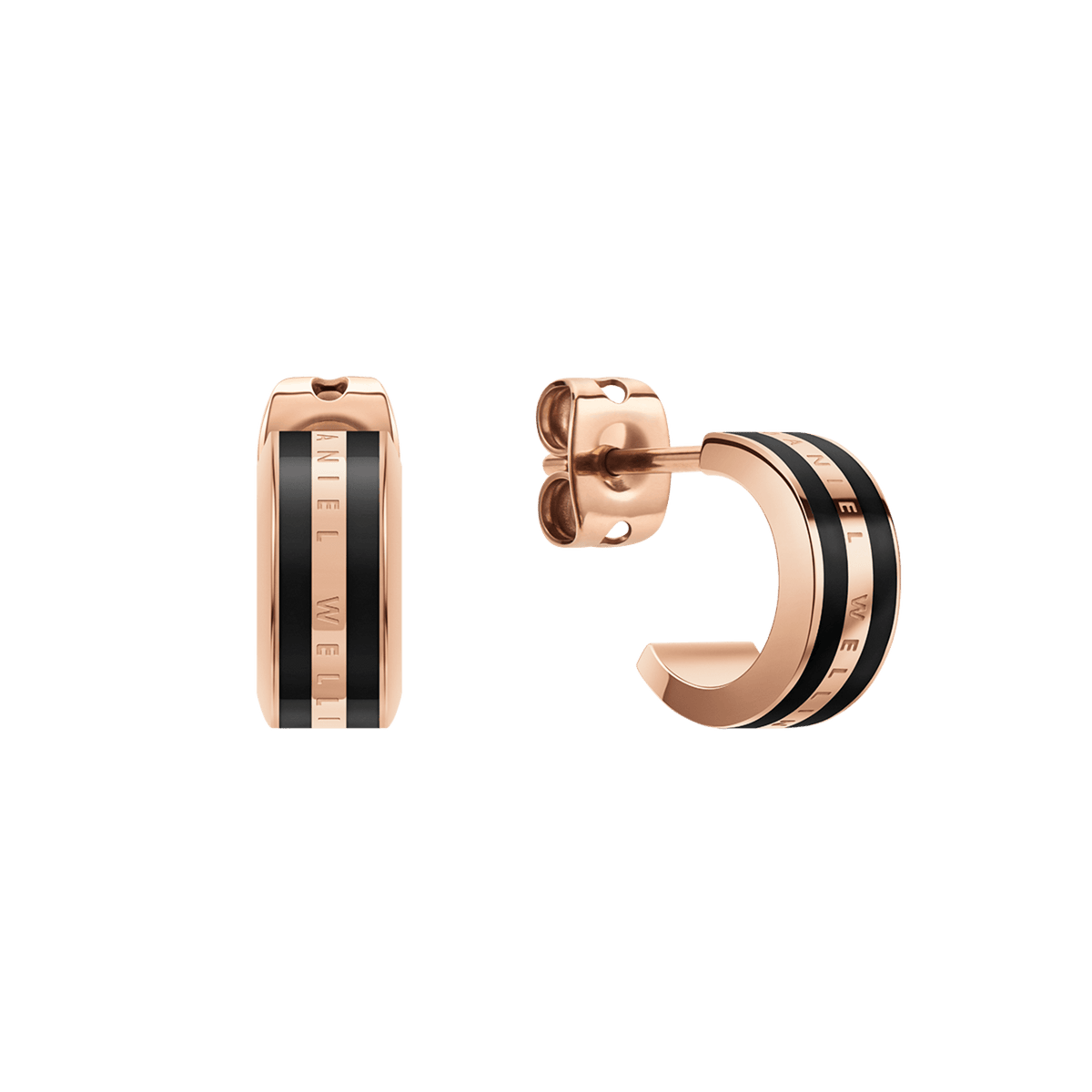 Pair of Emalie Earrings Rose Gold Black featuring a minimalist huggie design with rose gold stainless steel and bold black enamel detailing, shown with stud closures for secure and comfortable wear.