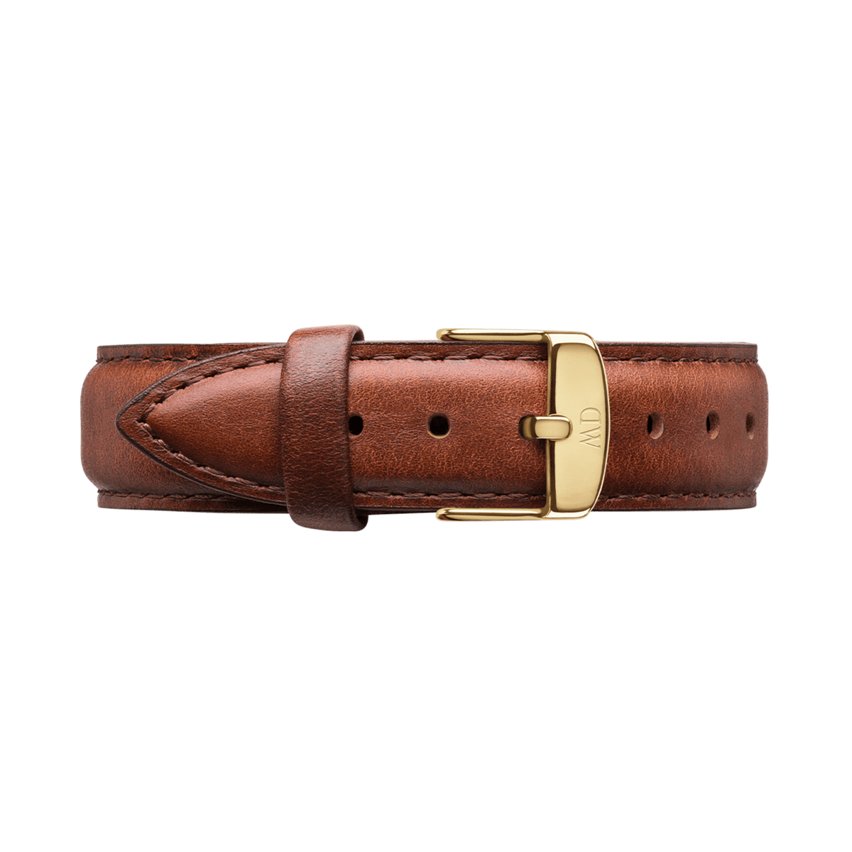 St Mawes Strap Gold features rich brown genuine leather with detailed stitching and a polished gold buckle, offering a stylish and comfortable replacement watch strap for Daniel Wellington watches.