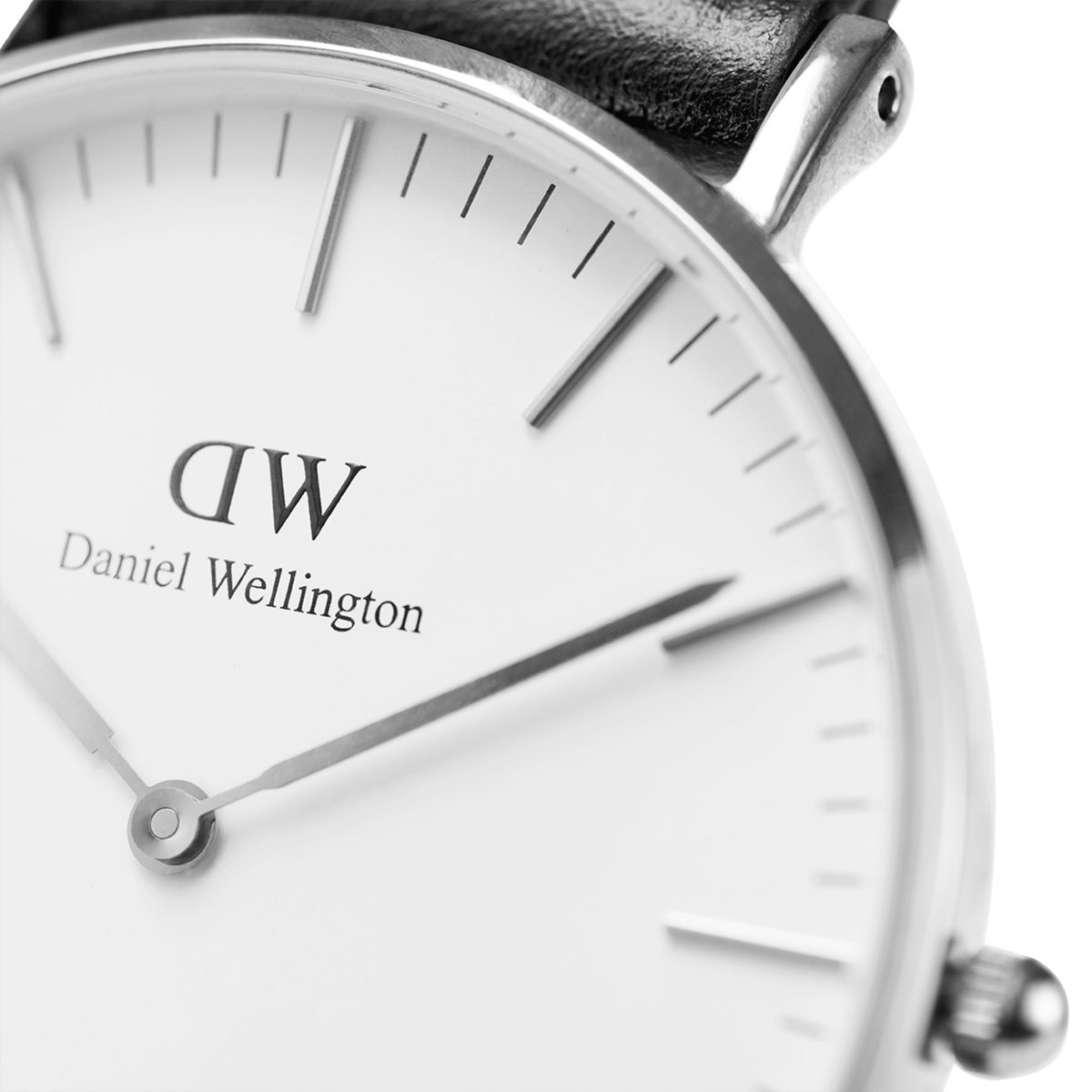 Close-up of the Classic Southampton Silver watch showing the eggshell white dial, slim silver hands and markers, and a polished silver case with a black leather strap. The minimalist design highlights the refined details and quality craftsmanship.
