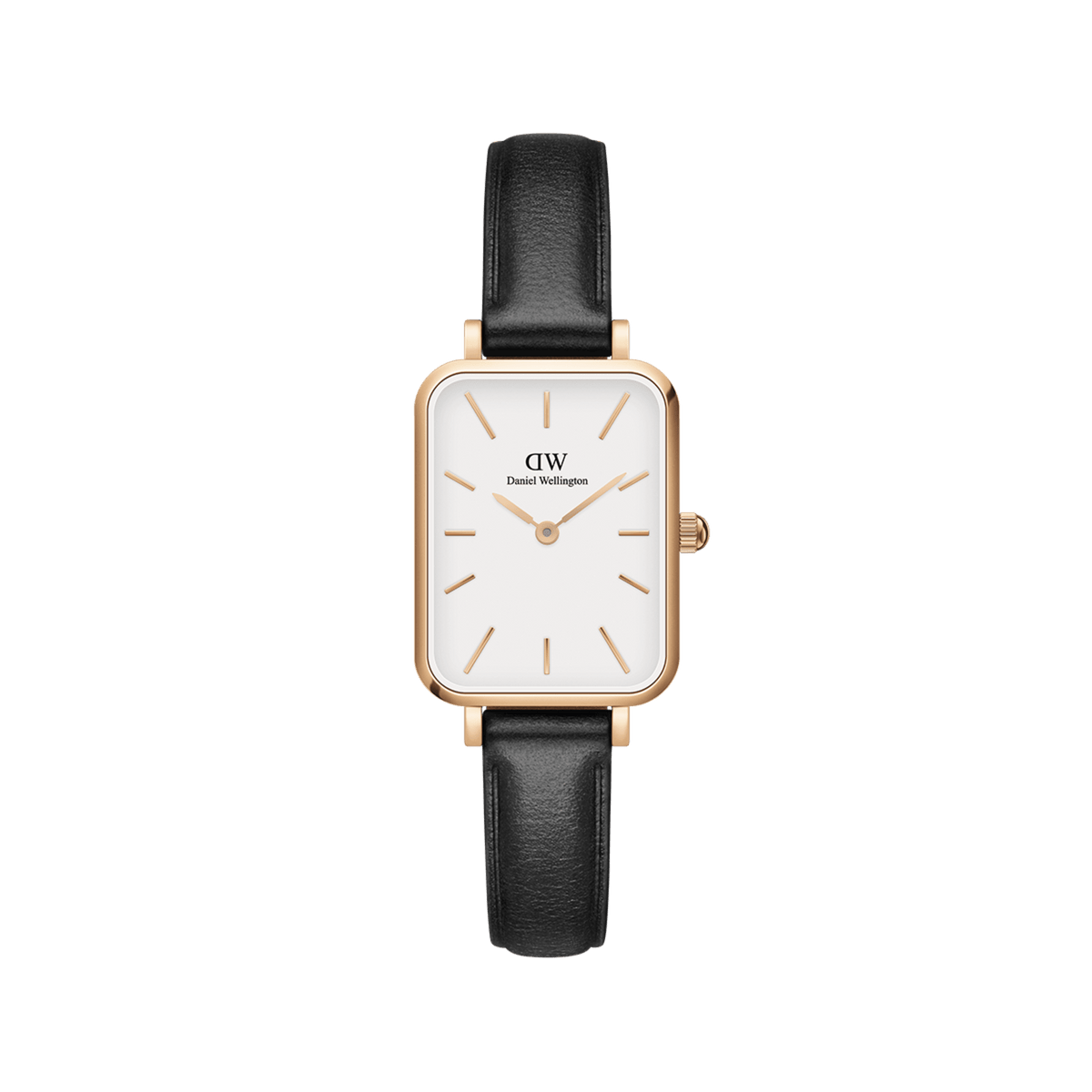Quadro Pressed Sheffield Rose Gold watch featuring a rectangular white dial, rose gold accents, and a slim black leather strap, designed for women seeking a minimalist and elegant accessory.