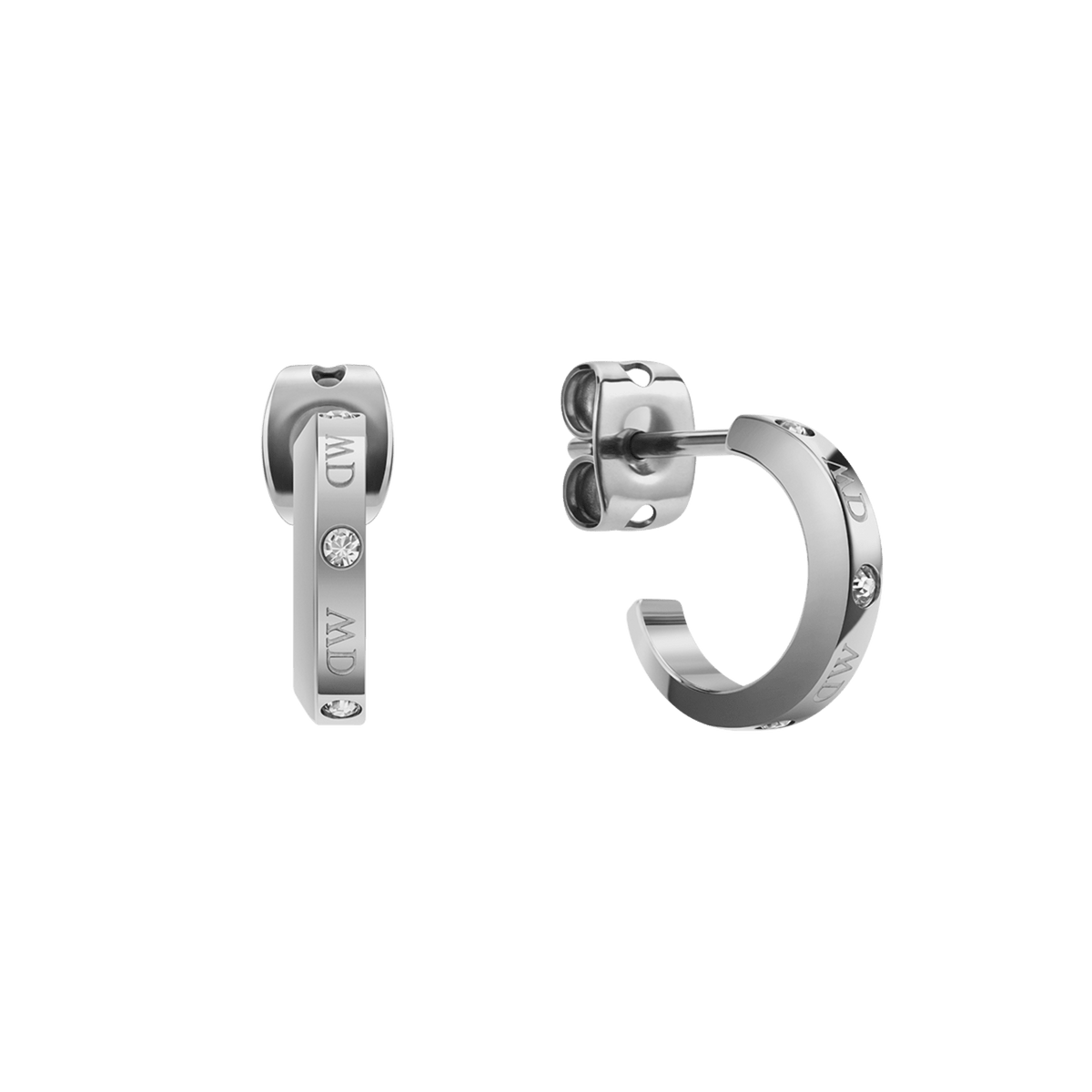Pair of Classic Lumine Silver hoop earrings in polished silver-tone metal, each featuring engraved branding and sparkling crystal accents, shown from front and side angles.
