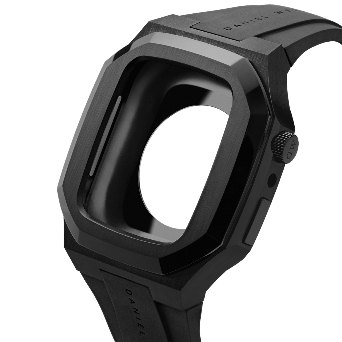 Close-up of the Switch Black Black Apple Watch case showing the brushed stainless steel frame, geometric contours, and integrated FKM rubber strap, designed for Series 6, 5, 4, and SE models.